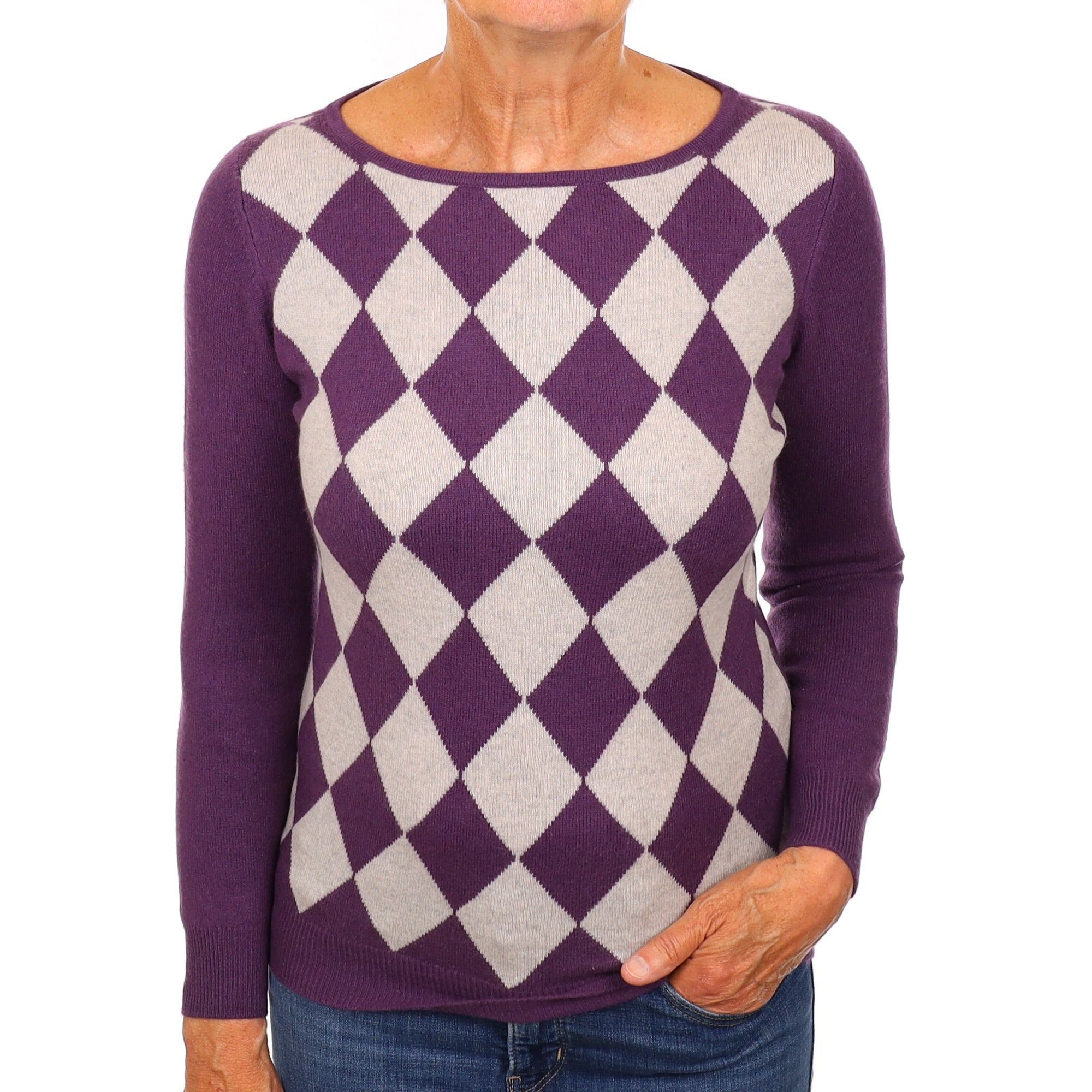Purple and Grey Argyle Cashmere Crew Neck Jumper Medium