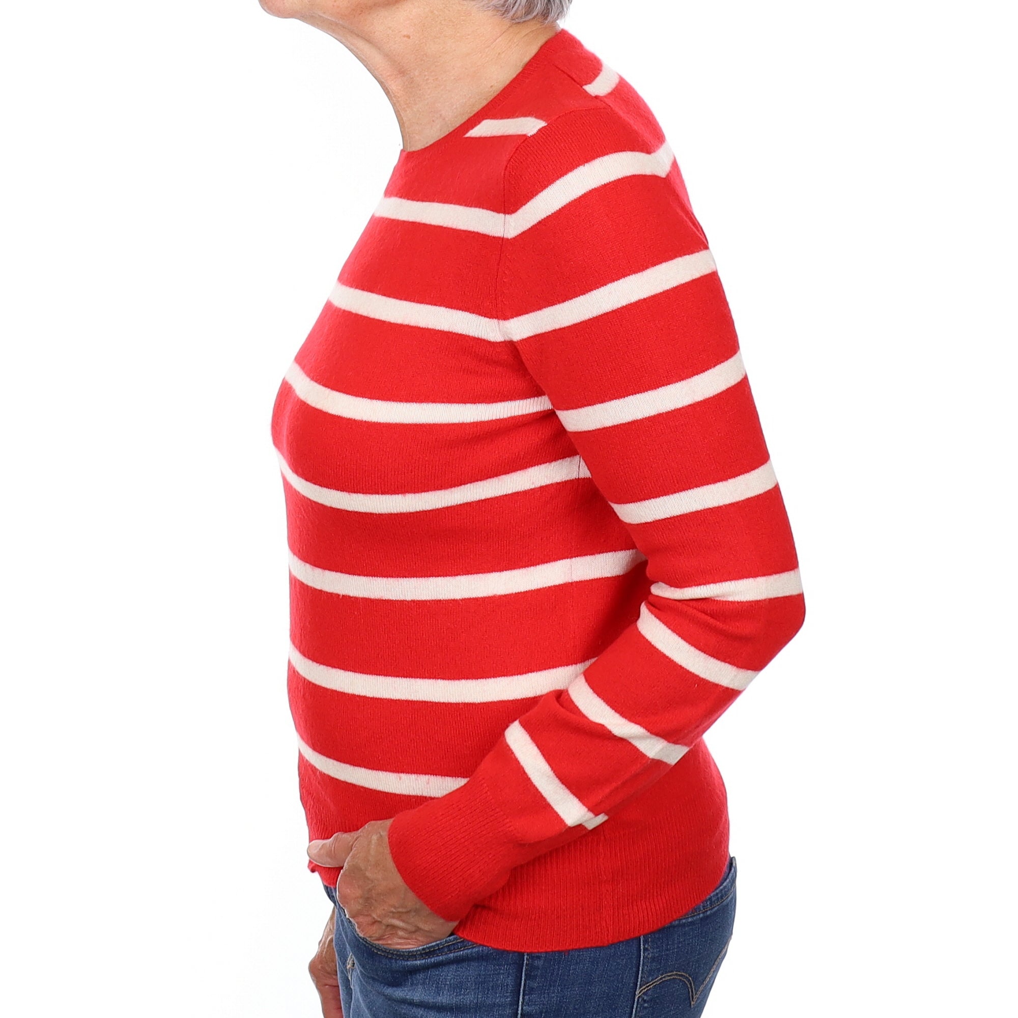 Tomato and Cream Striped Cashmere Crew Neck Jumper Medium