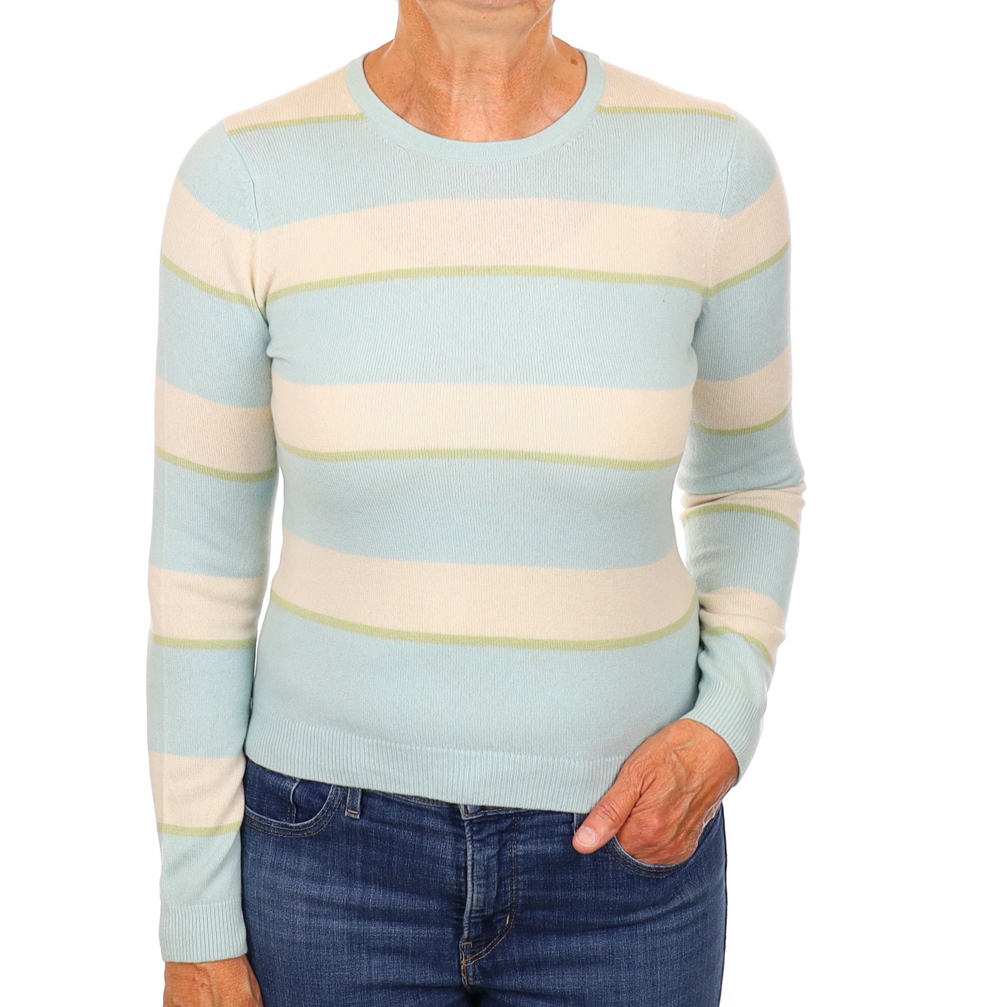 Scottish Cream and Blue Striped Cashmere Crew Neck Jumper Medium