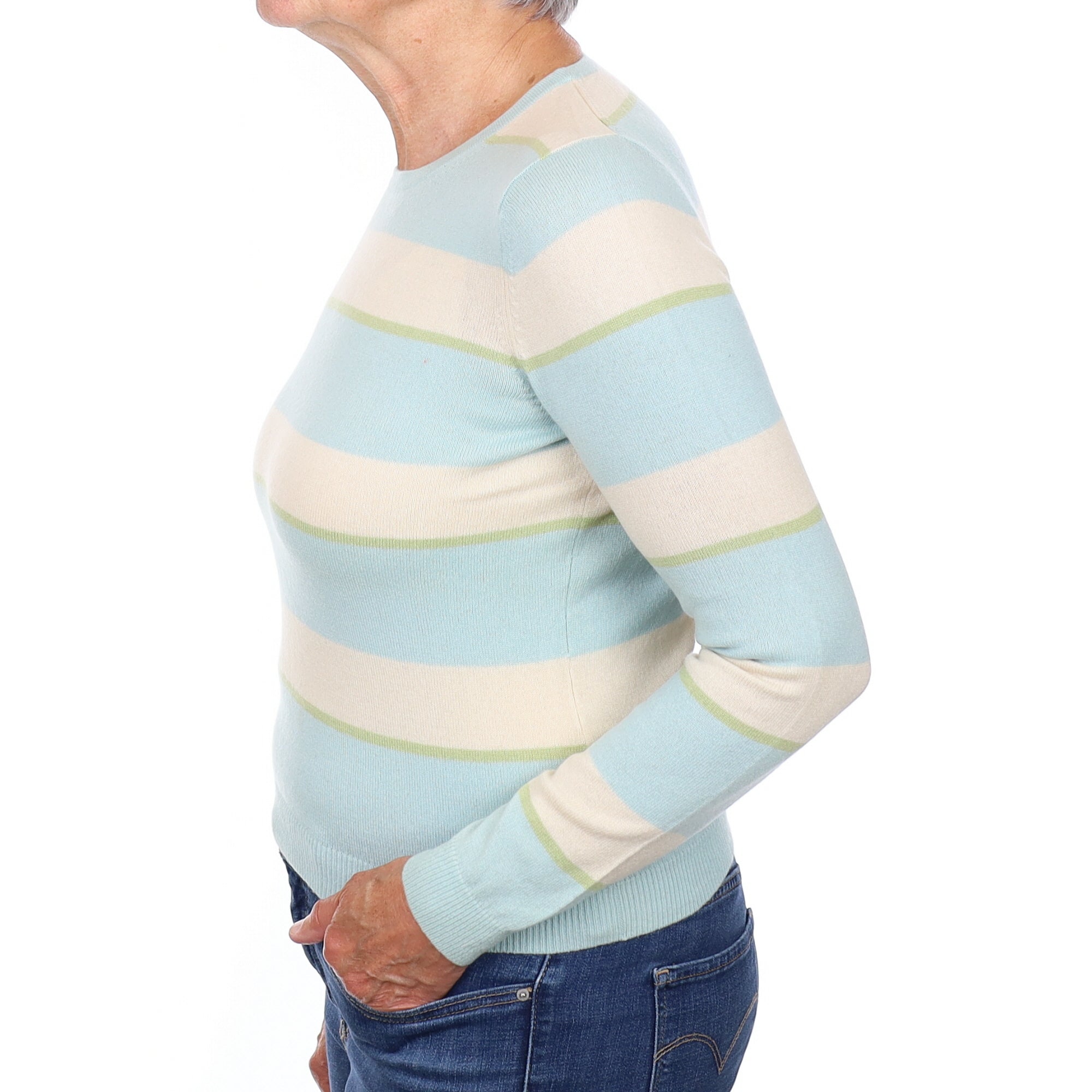 Scottish Cream and Blue Striped Cashmere Crew Neck Jumper Medium