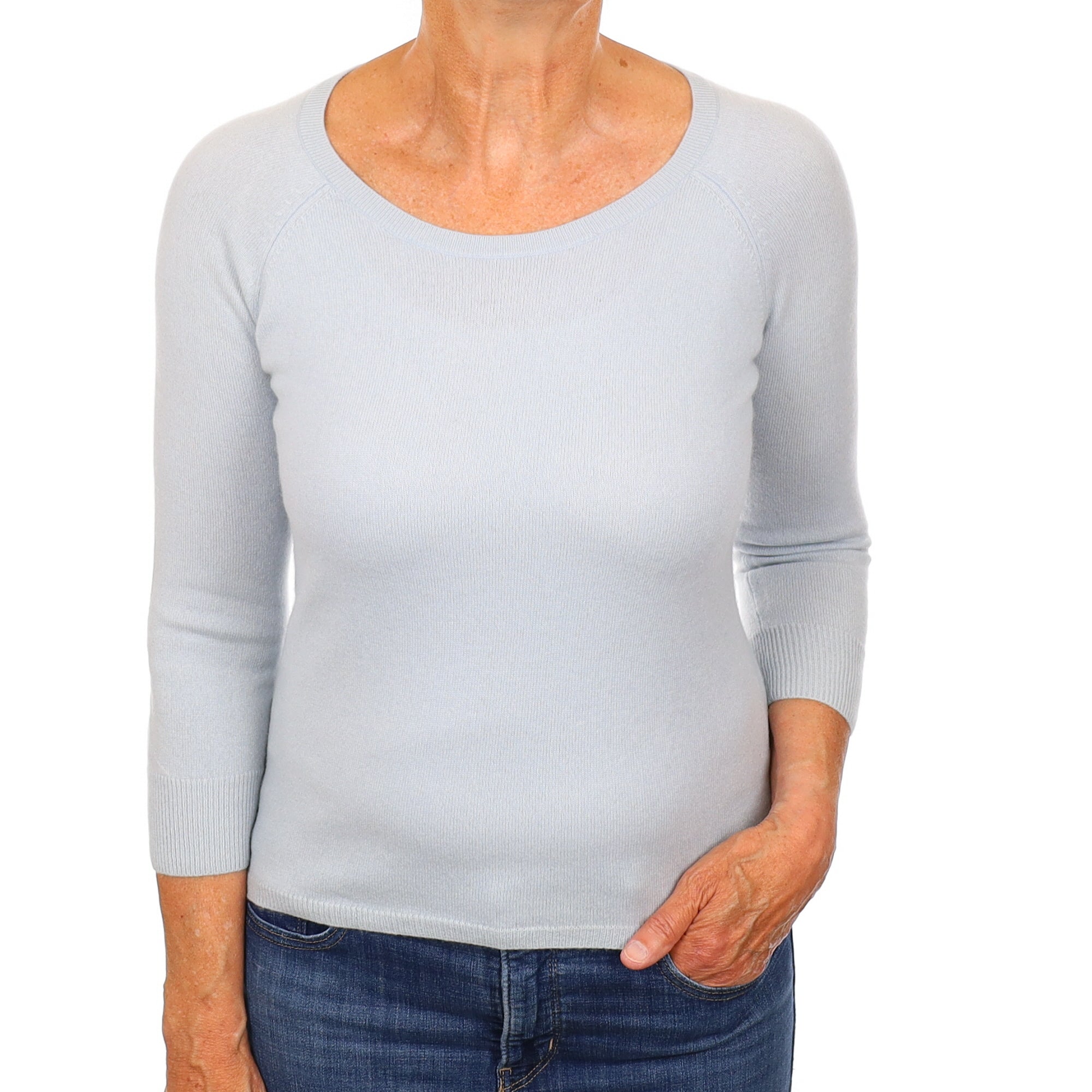 Powder Blue Cashmere 3/4 Sleeve Crew Neck Jumper Medium