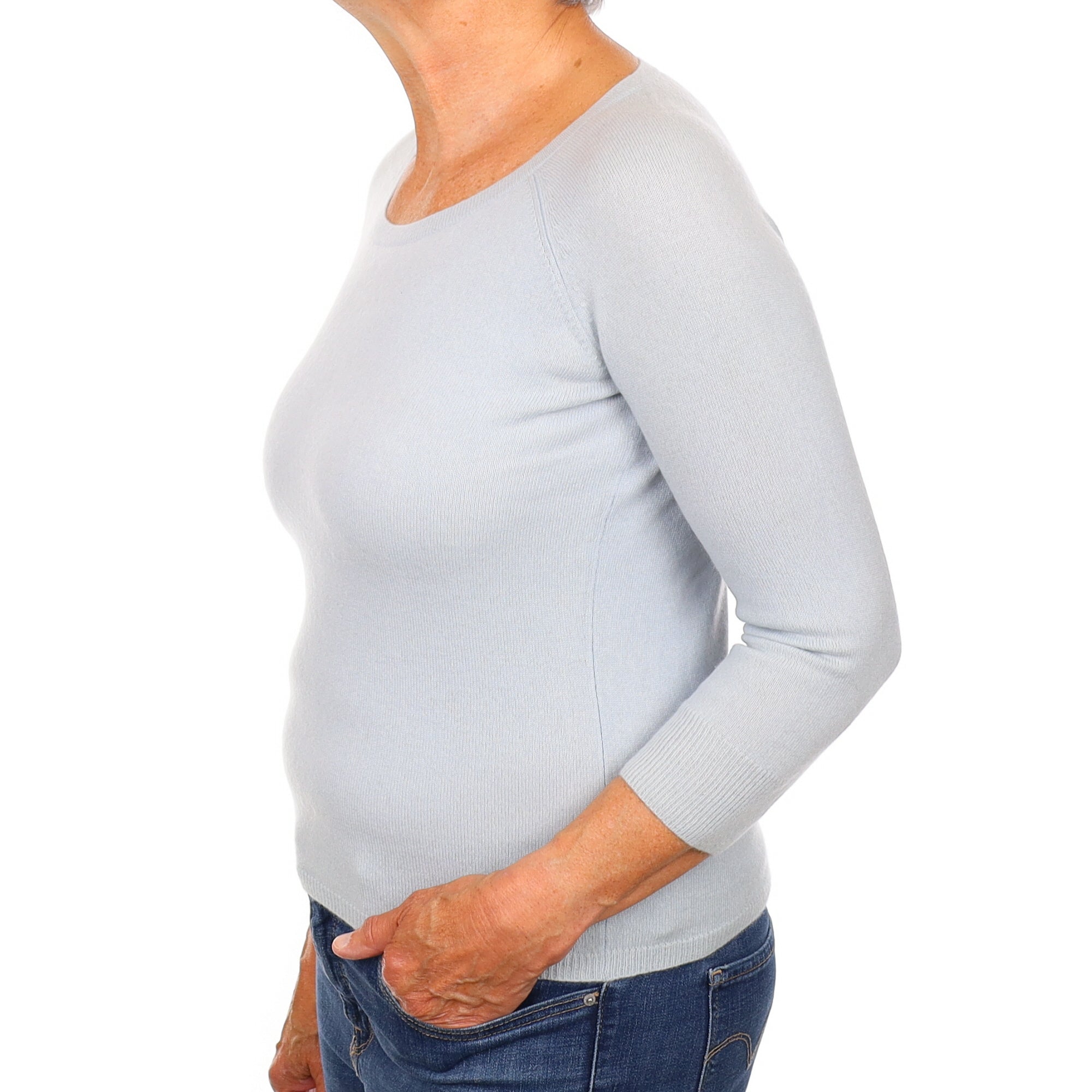 Powder Blue Cashmere 3/4 Sleeve Crew Neck Jumper Medium