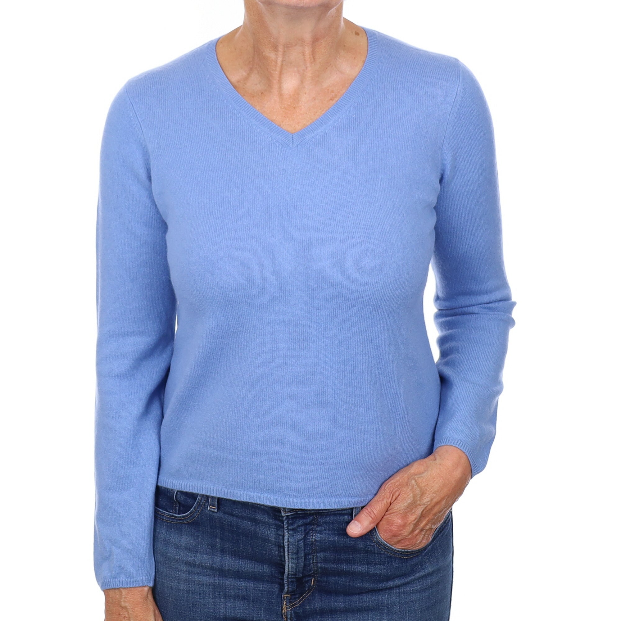 Cornflower Blue Cashmere V Neck Jumper Medium