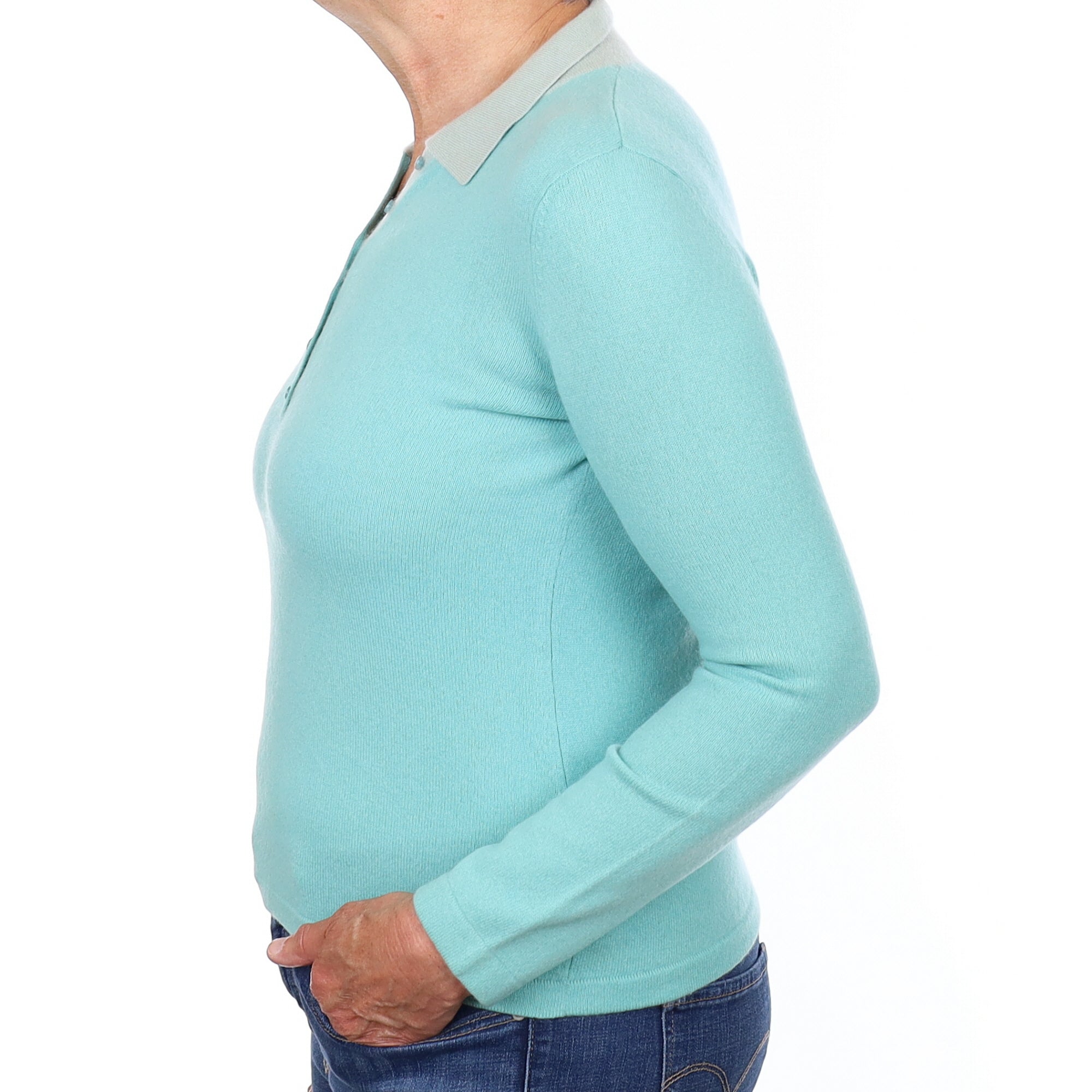 Two Toned Aqua Green Cashmere Quarter Button Crew Neck Jumper Medium