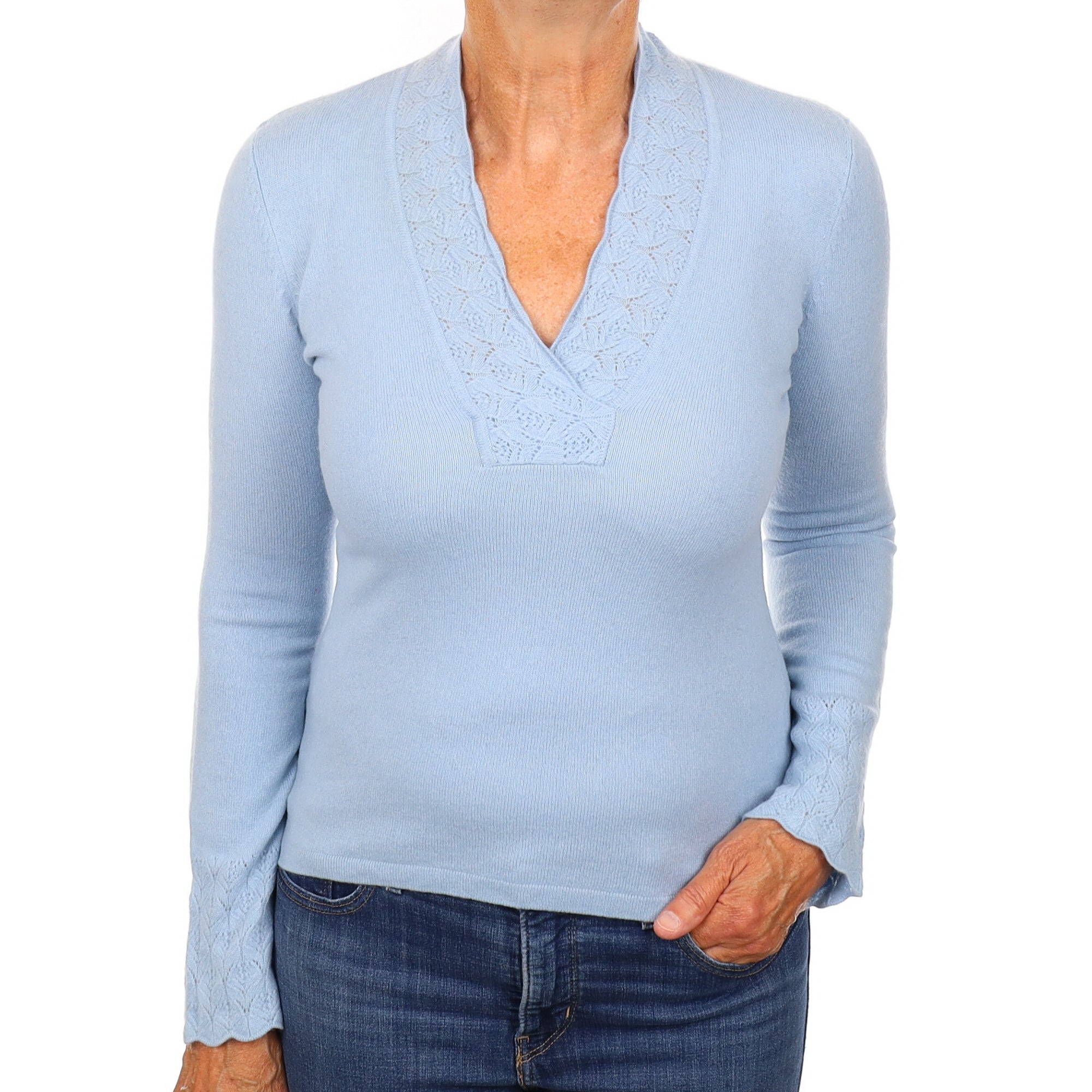 Sky Blue Lace knit Edge Cashmere V Neck Jumper Medium