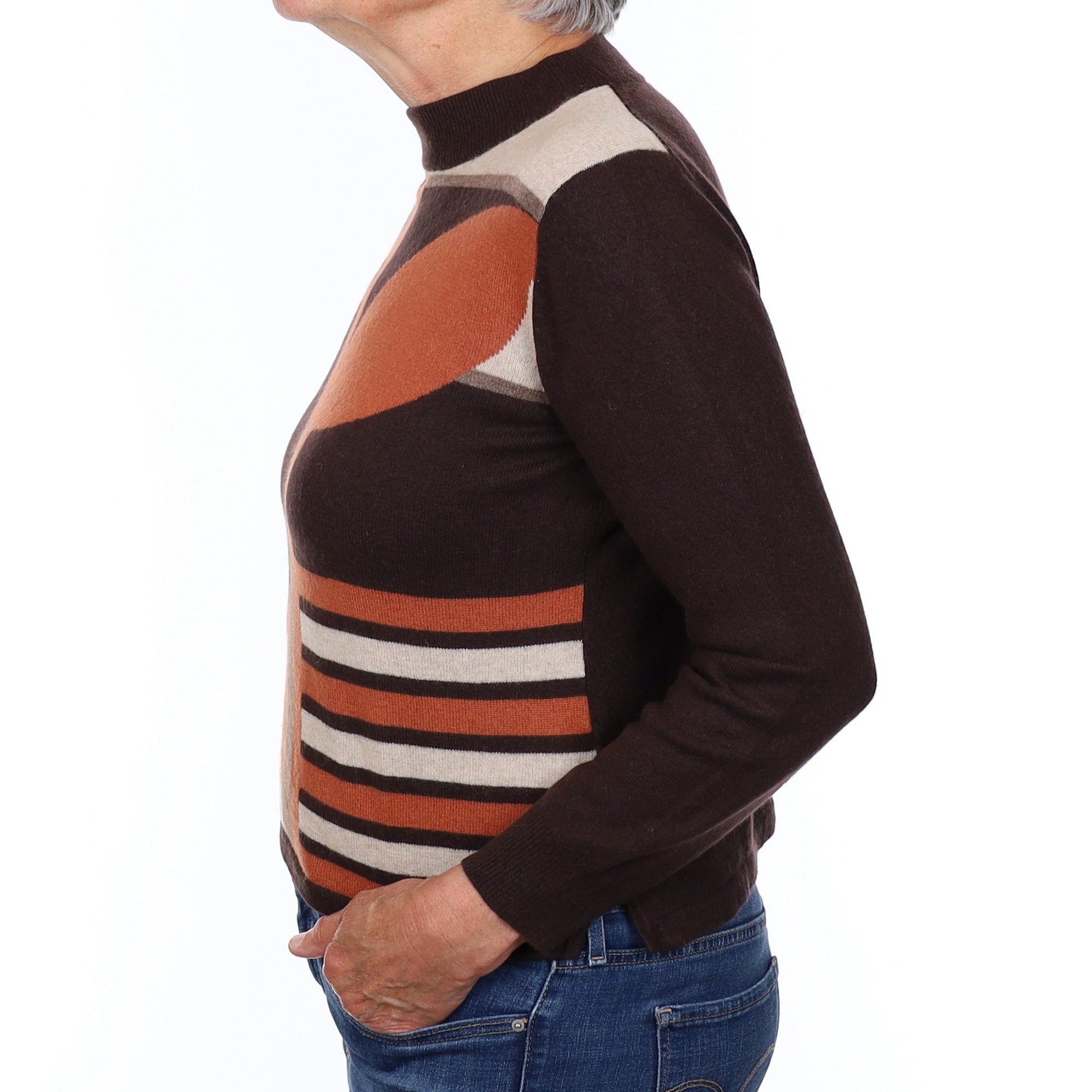 Chocolate Brown Patterned Cashmere Turtleneck Jumper Medium