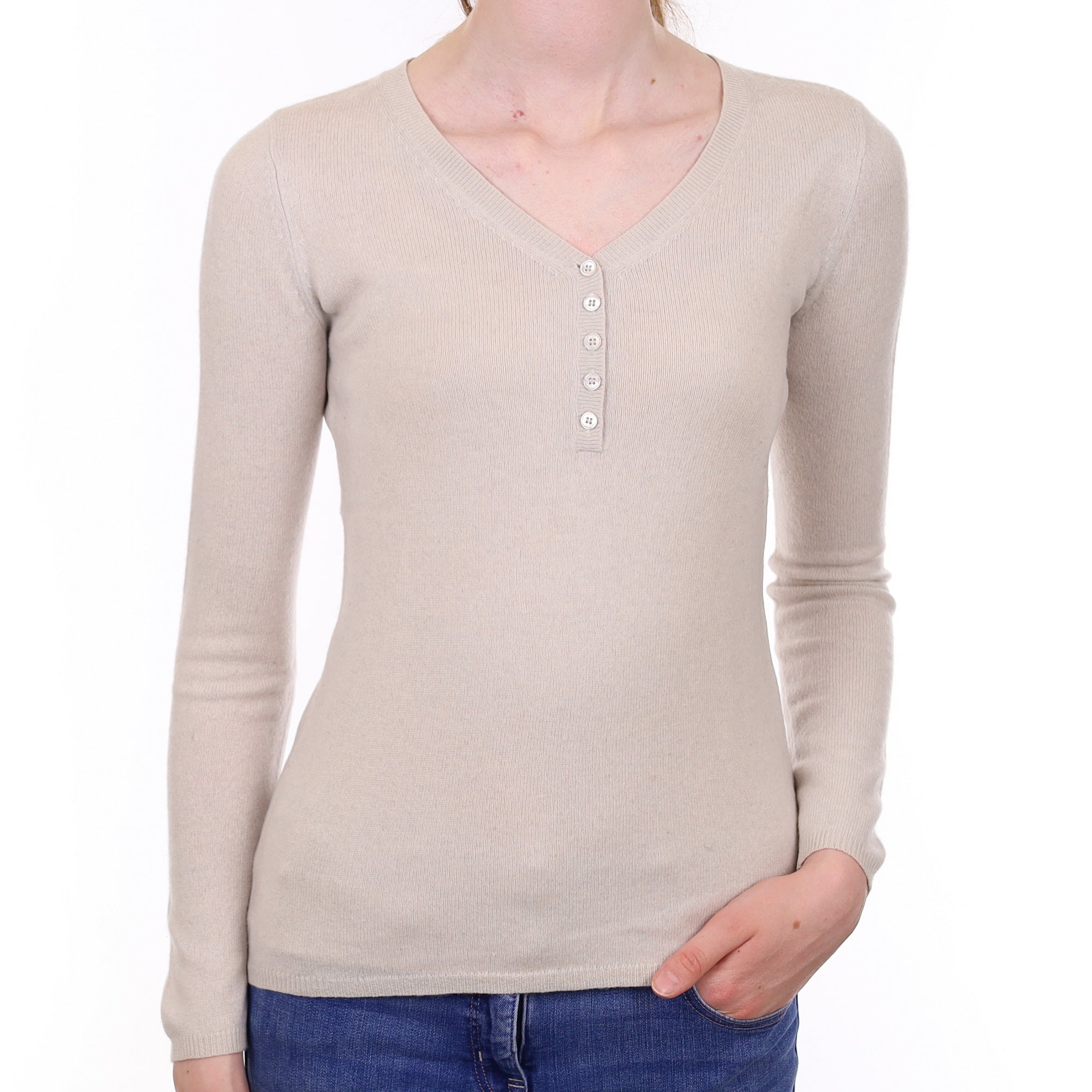 Oatmeal Beige Cashmere Buttoned V Neck Jumper Extra Small