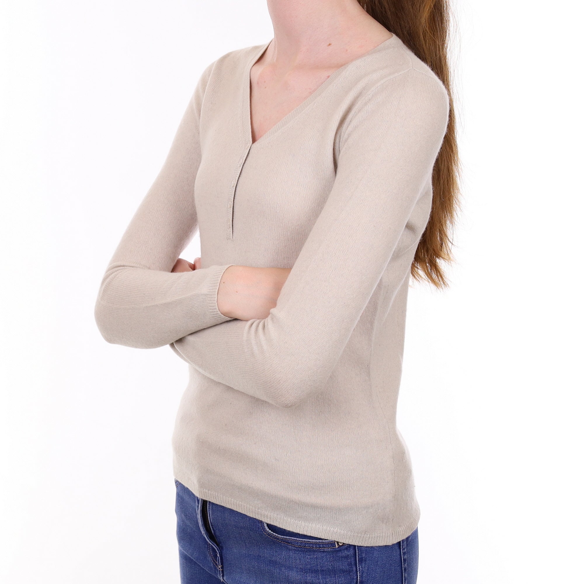 Oatmeal Beige Cashmere Buttoned V Neck Jumper Extra Small