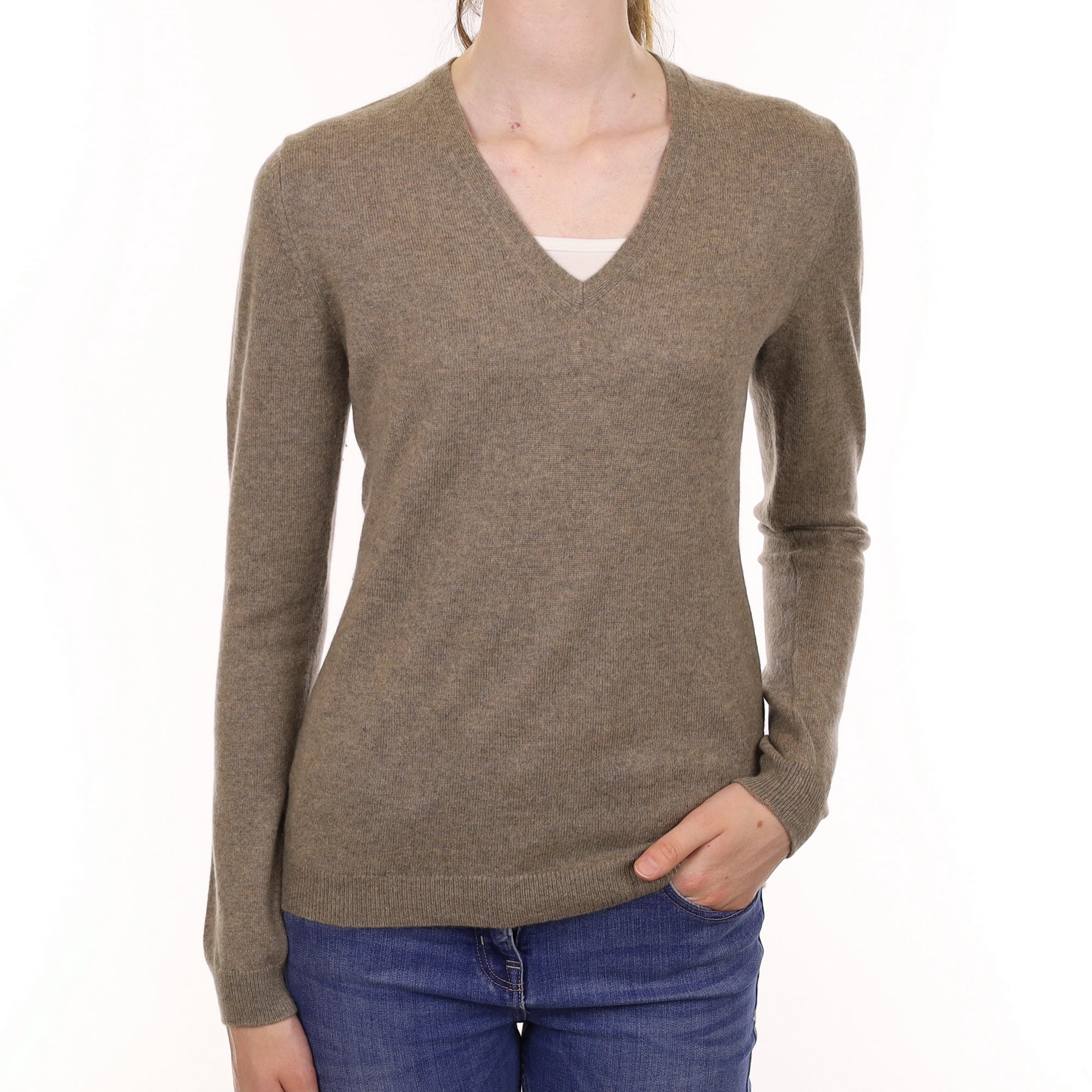 Taupe Brown Cashmere V Neck Jumper Extra Small