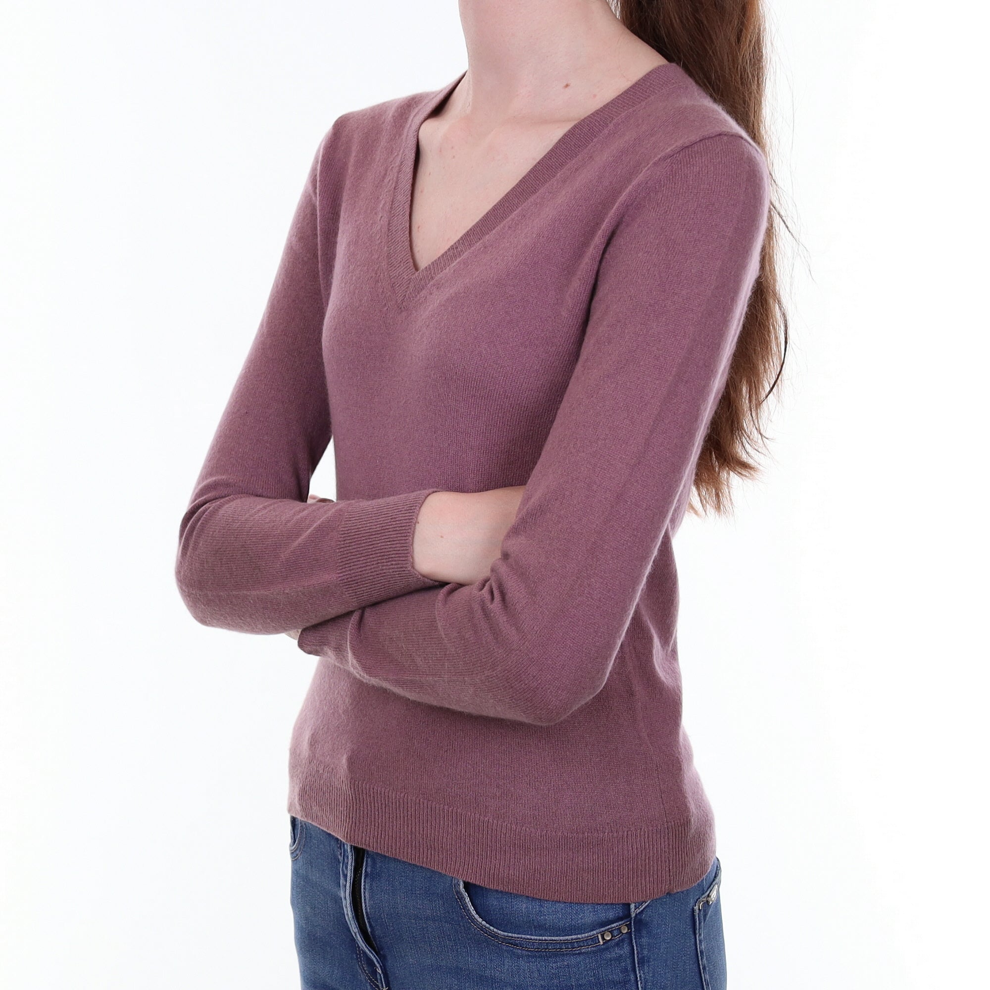 Deep Heather Cashmere V Neck Jumper Extra Small