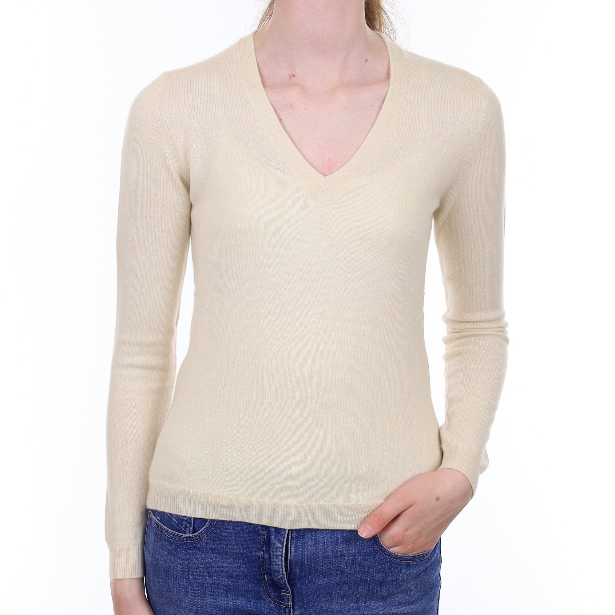 Vanilla Cream Cashmere V Neck Jumper Extra Small
