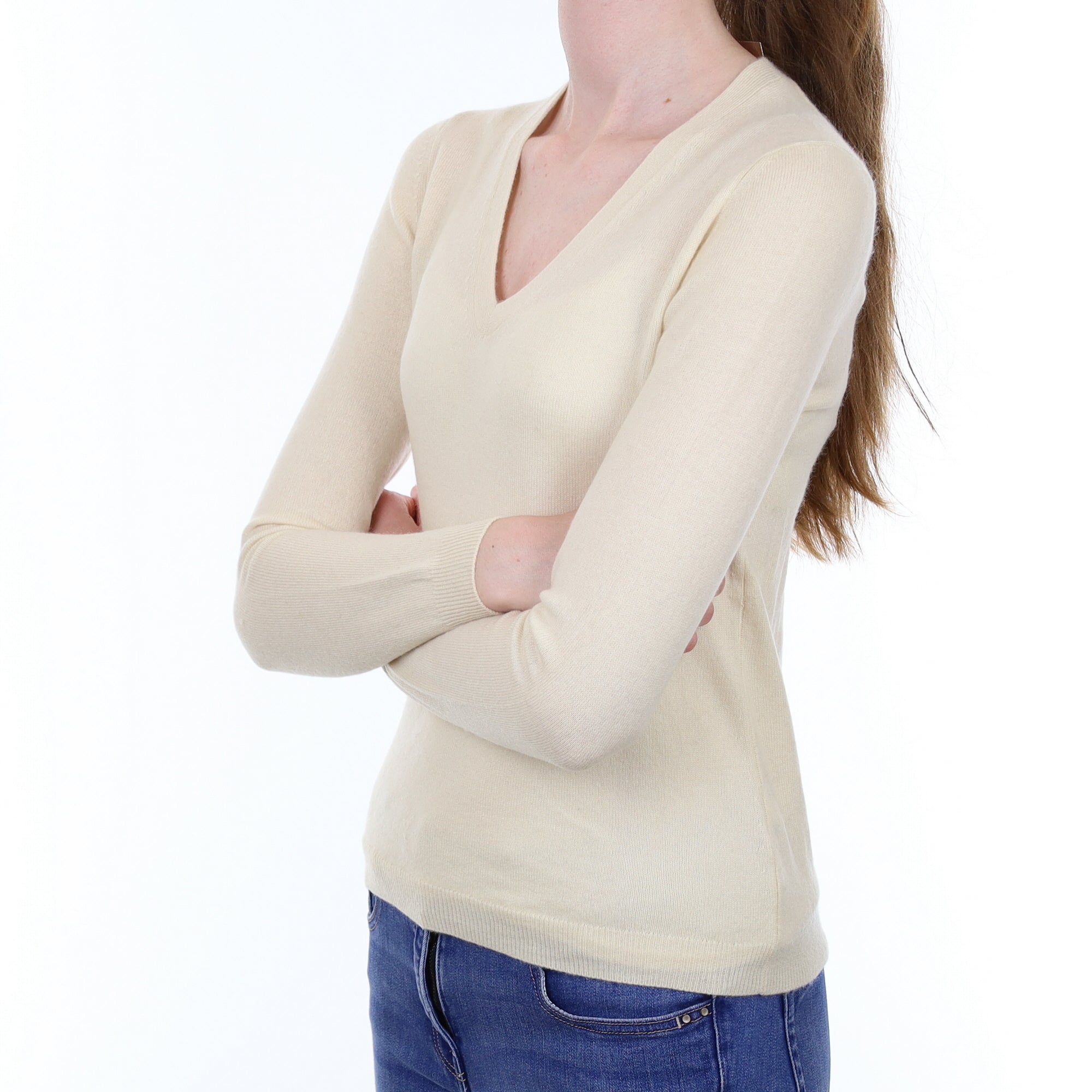 Vanilla Cream Cashmere V Neck Jumper Extra Small