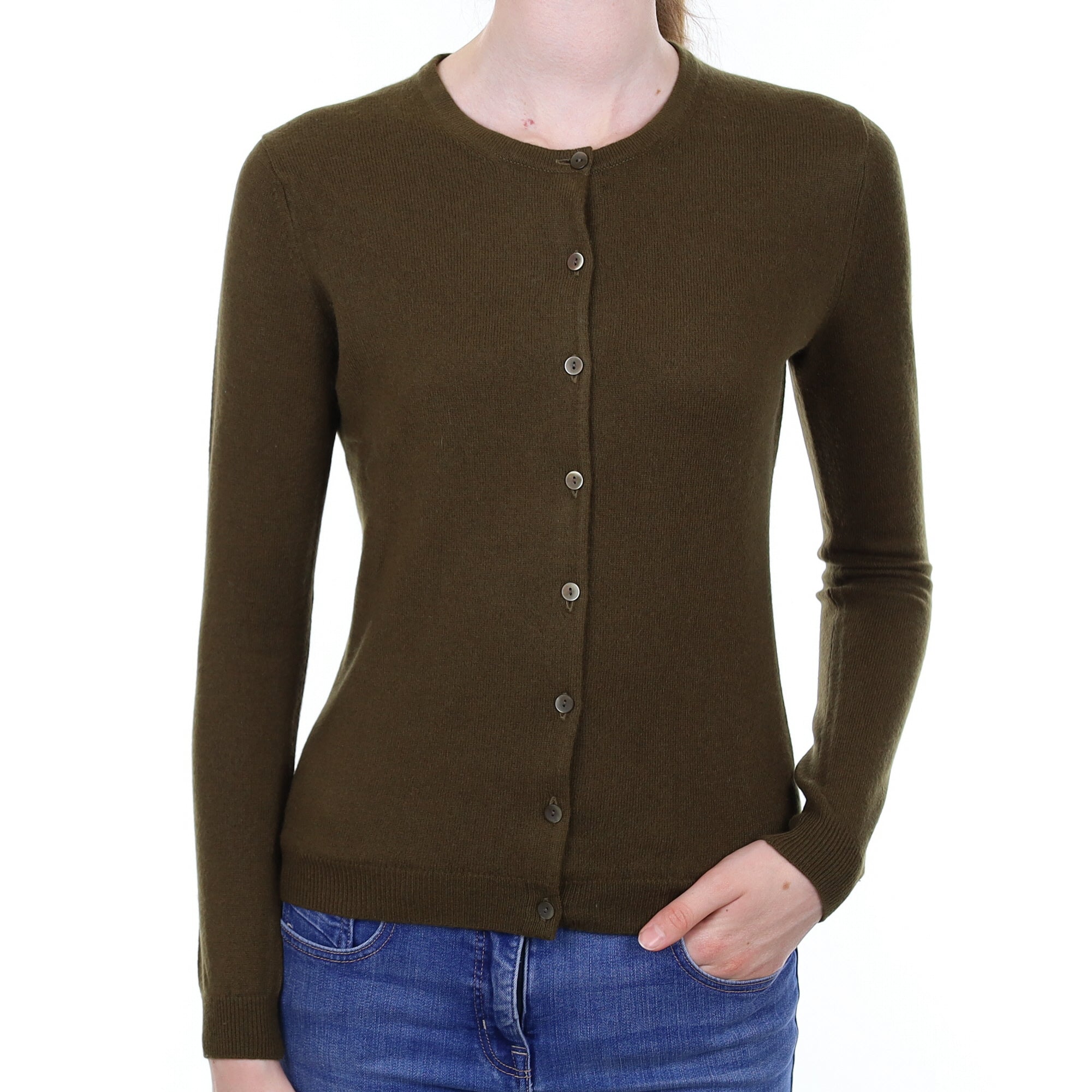 Khaki Green Cashmere Crew Neck Cardigan Extra Small