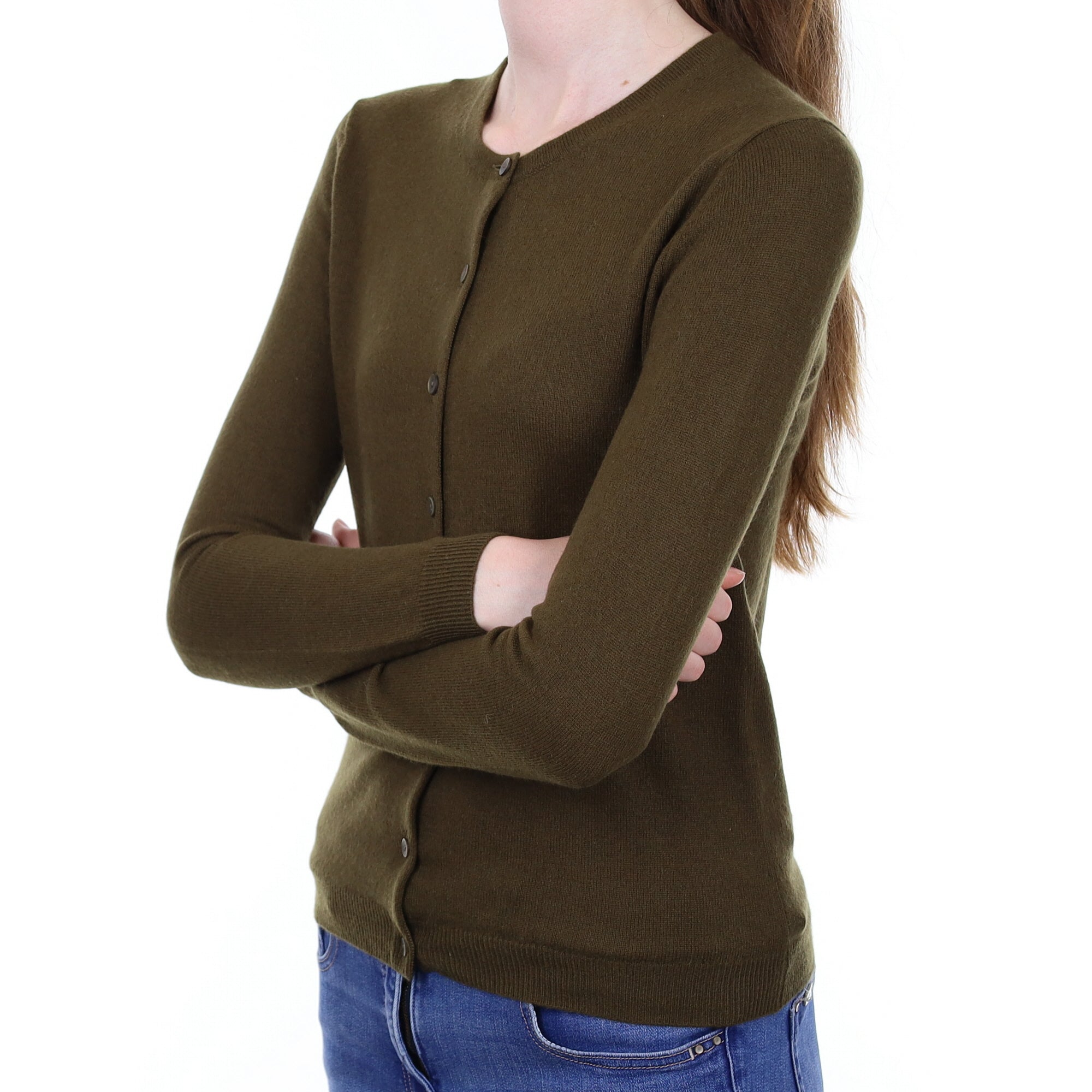 Khaki Green Cashmere Crew Neck Cardigan Extra Small