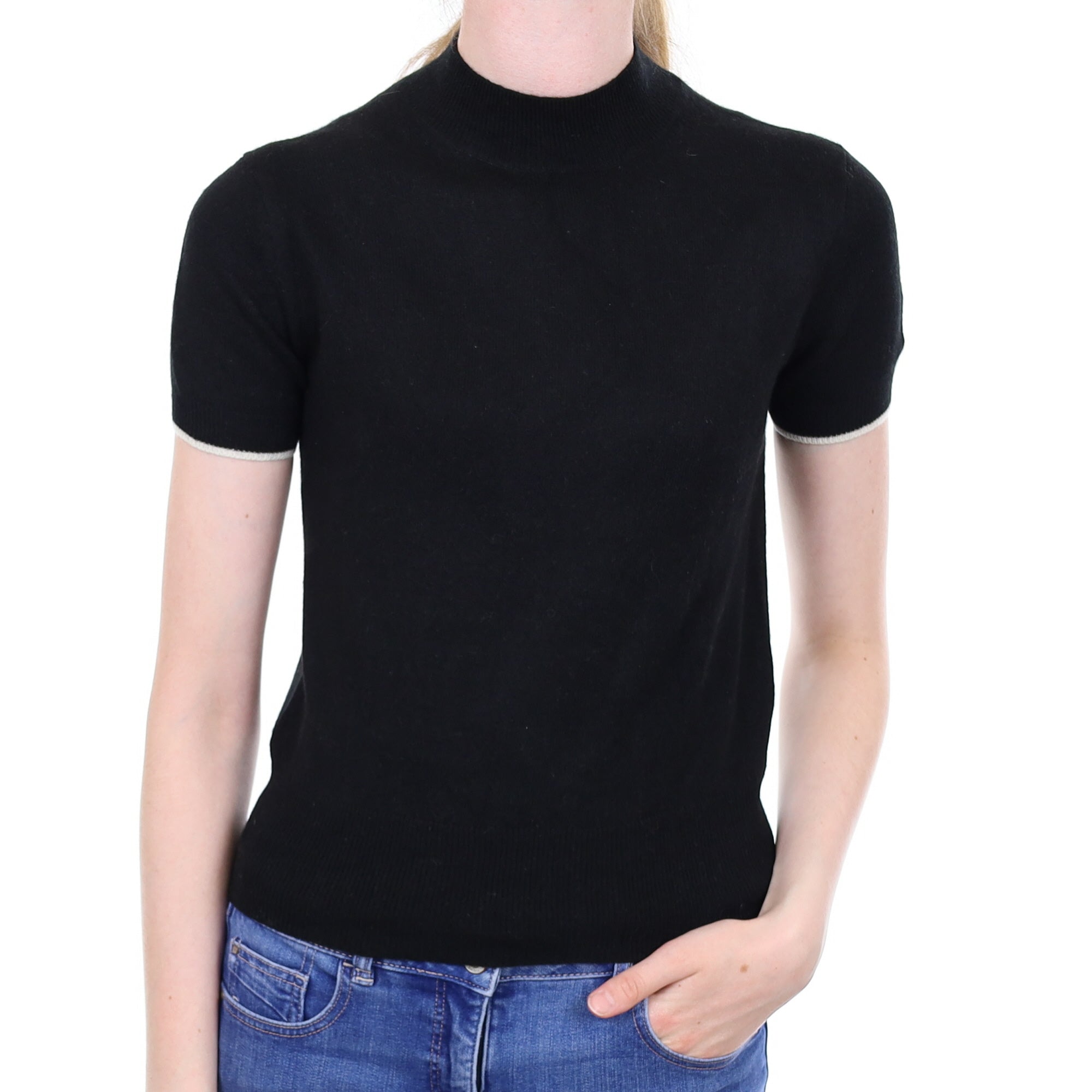 Black Cashmere Short Sleeved Polo Neck Jumper Extra Small