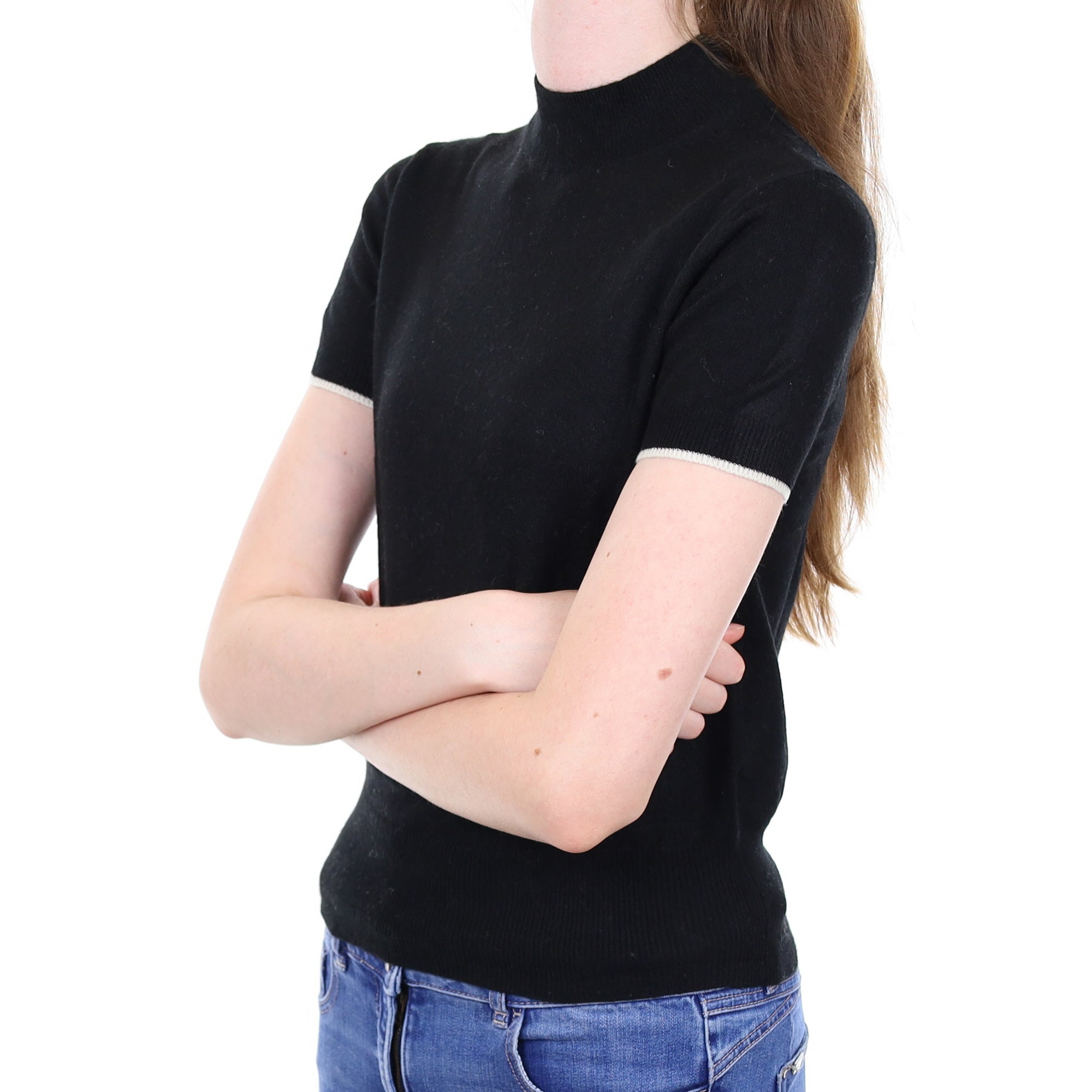 Black Cashmere Short Sleeved Polo Neck Jumper Extra Small