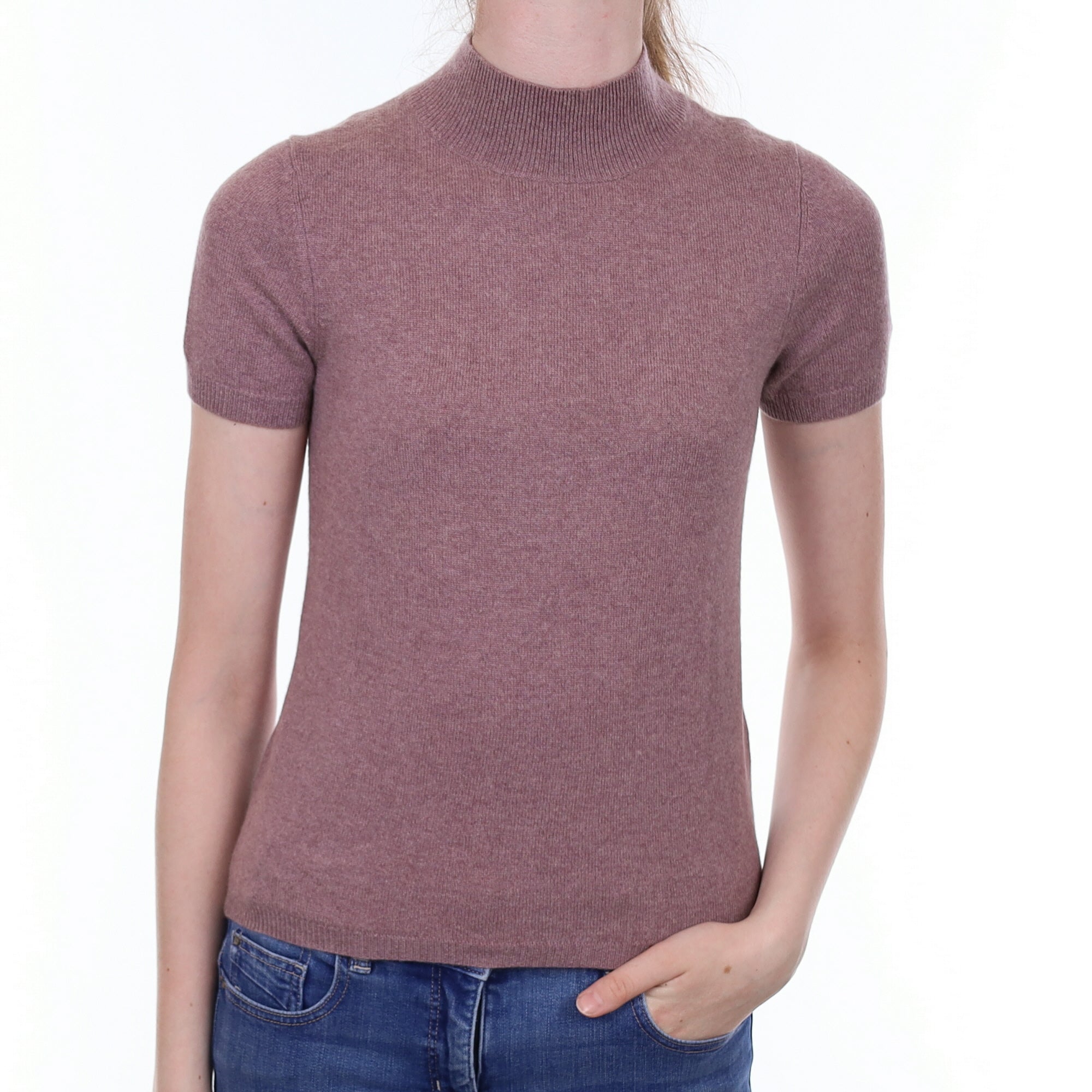 Heather Purple Cashmere Short Sleeved Turtle Neck Jumper Extra Small