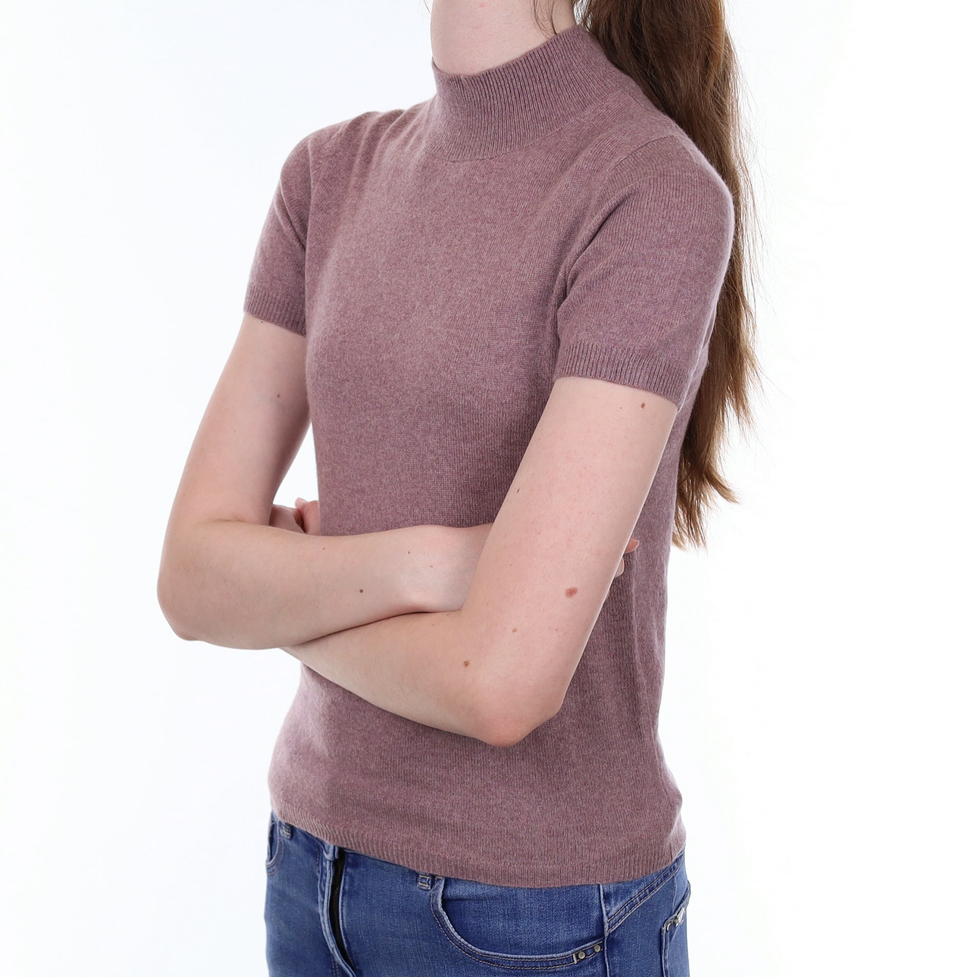 Heather Purple Cashmere Short Sleeved Turtle Neck Jumper Extra Small
