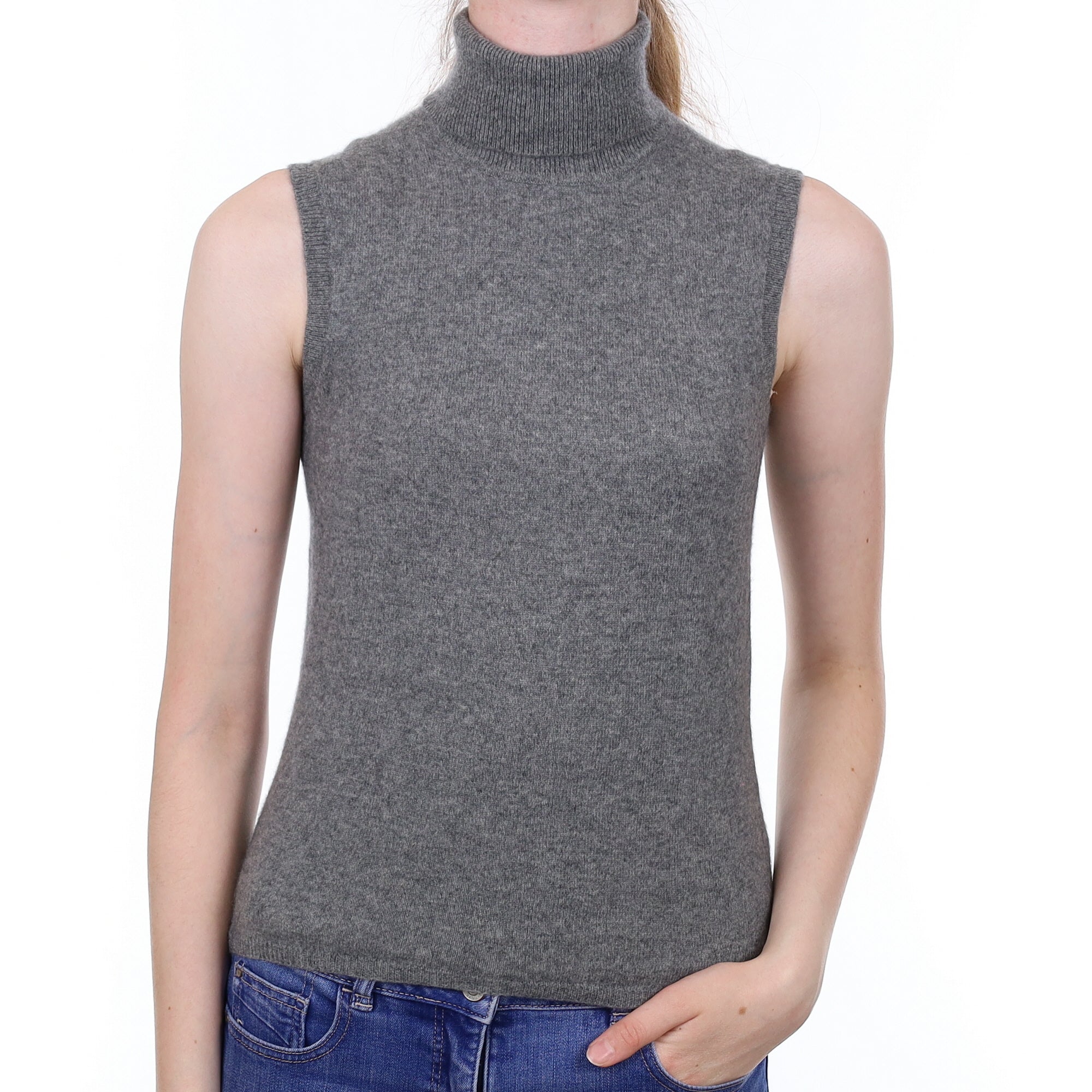 Slate Grey Cashmere Sleeveless Polo Neck Jumper Extra Small