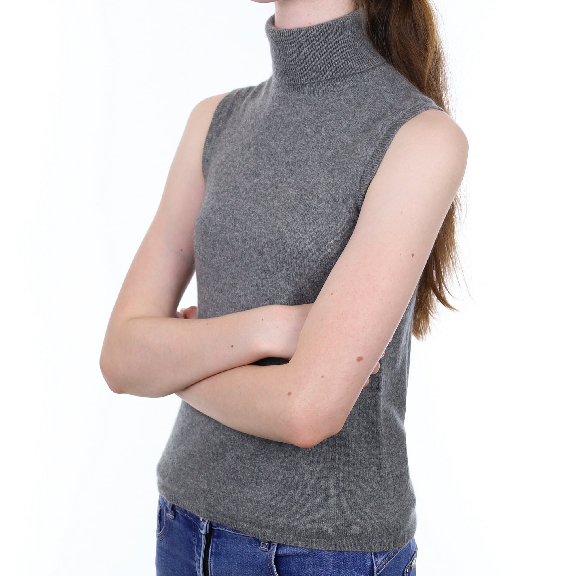 Slate Grey Cashmere Sleeveless Polo Neck Jumper Extra Small