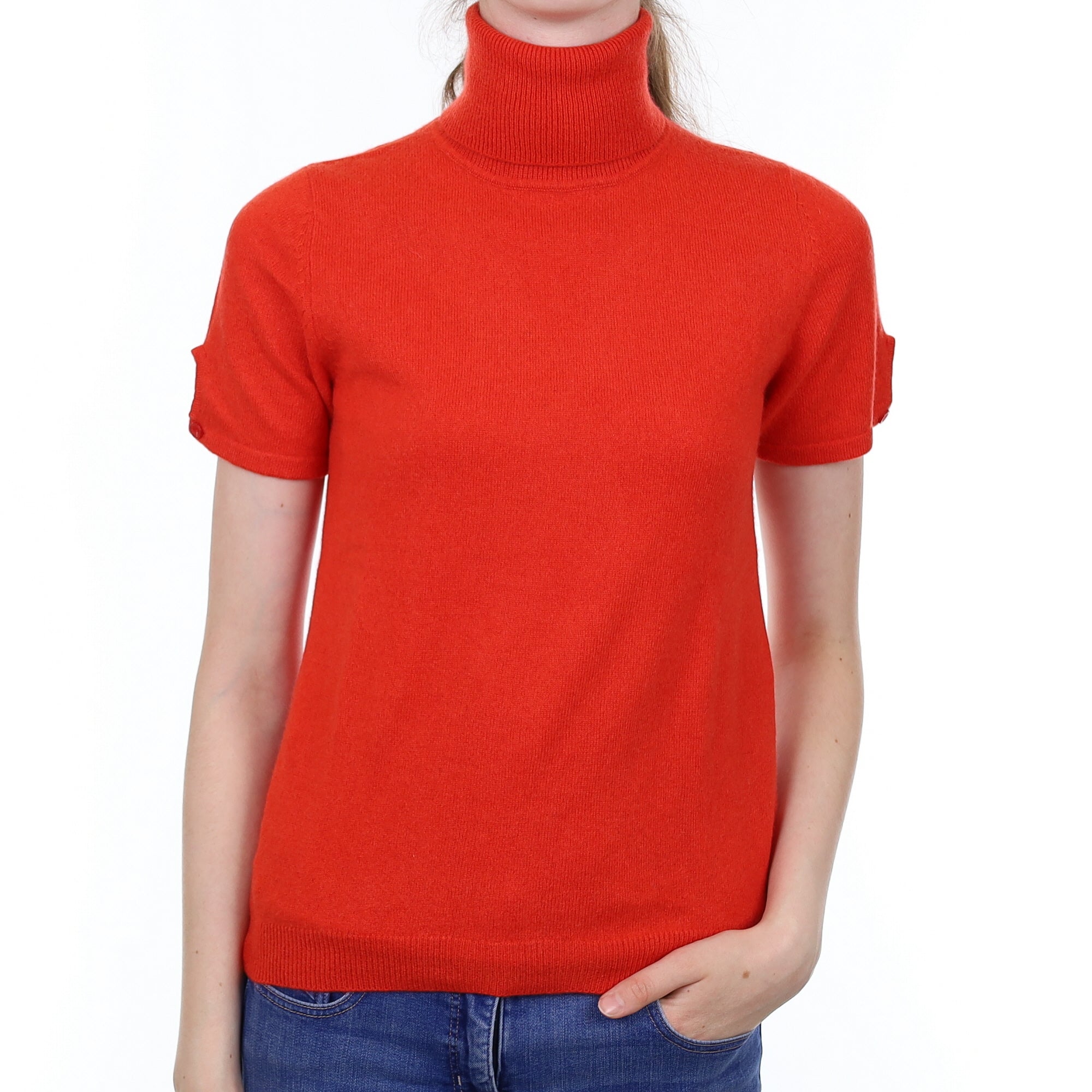 Vermillion Orange Cashmere Short Sleeved Polo Neck Jumper Extra Small