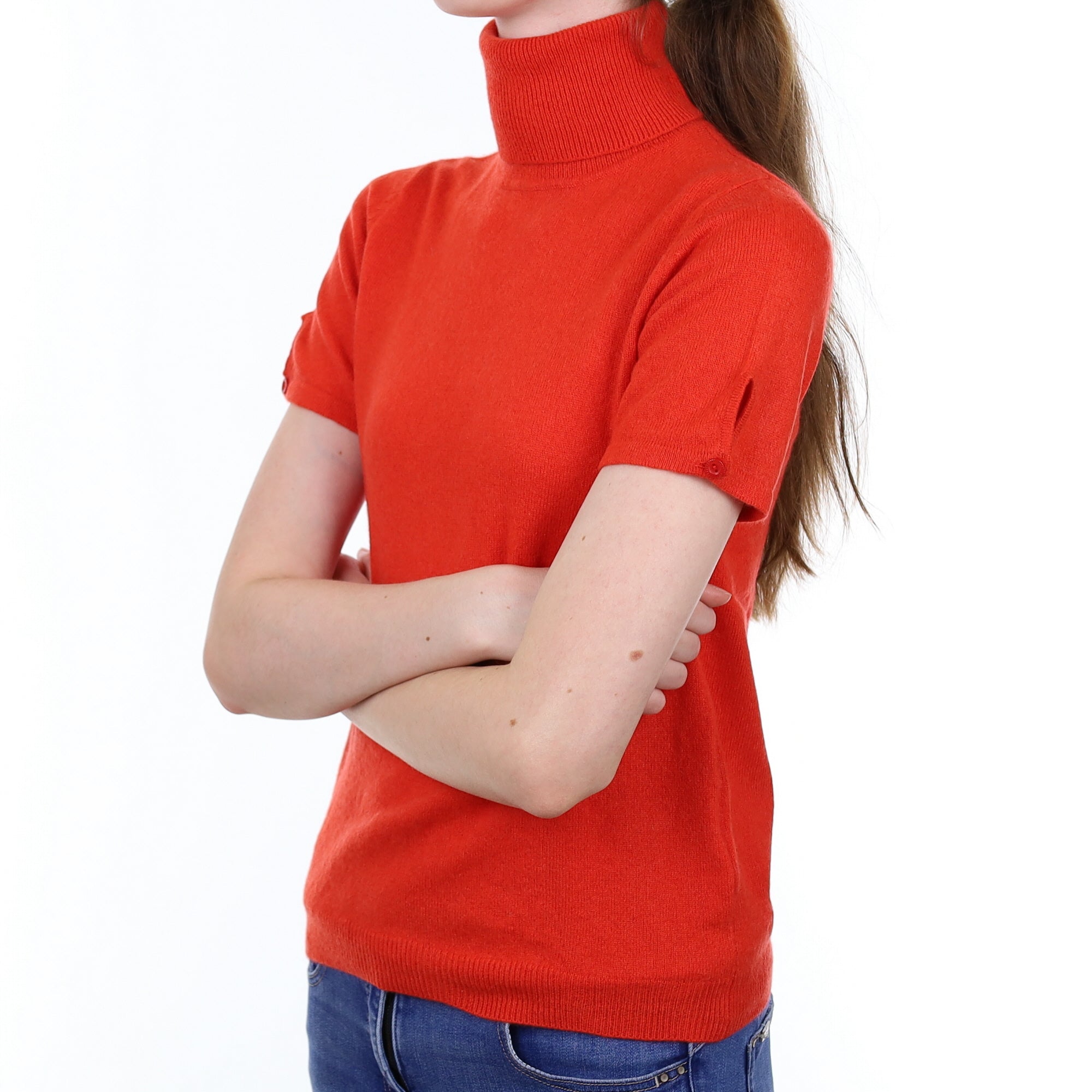 Vermillion Orange Cashmere Short Sleeved Polo Neck Jumper Extra Small
