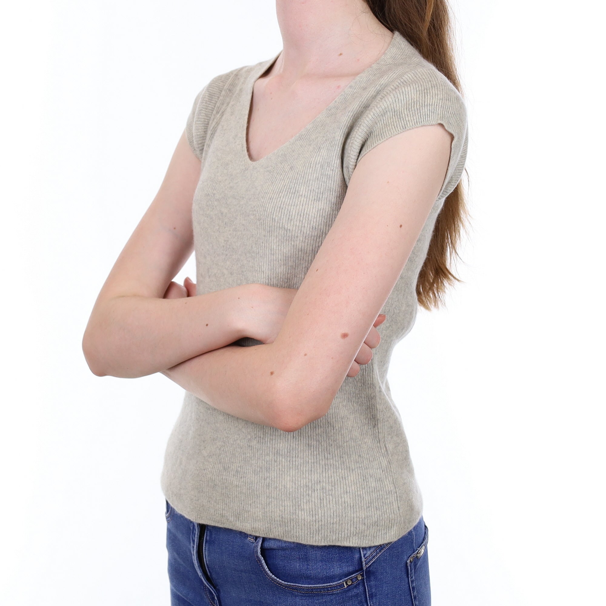 Mist Grey Ribbed Cashmere Short Sleeved V Neck Jumper Extra Small