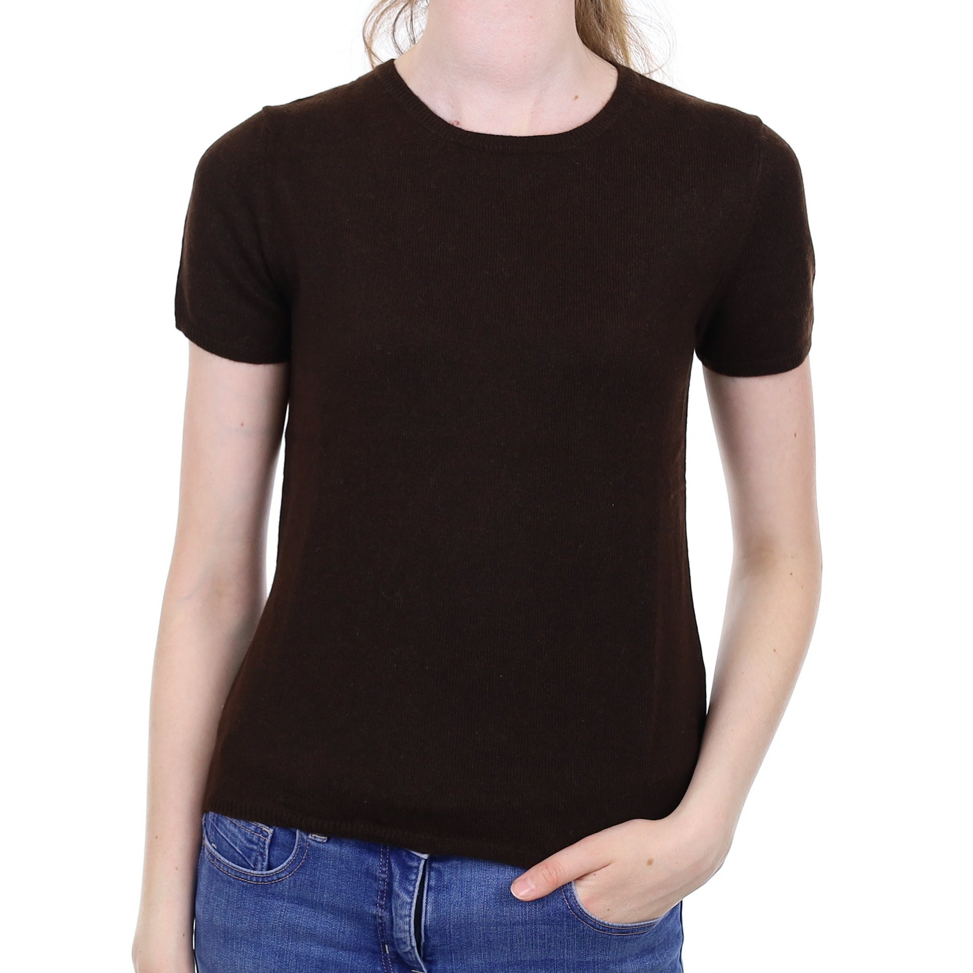 Dark Chocolate Brown Cashmere Short Sleeved Crew Neck Jumper Extra Small