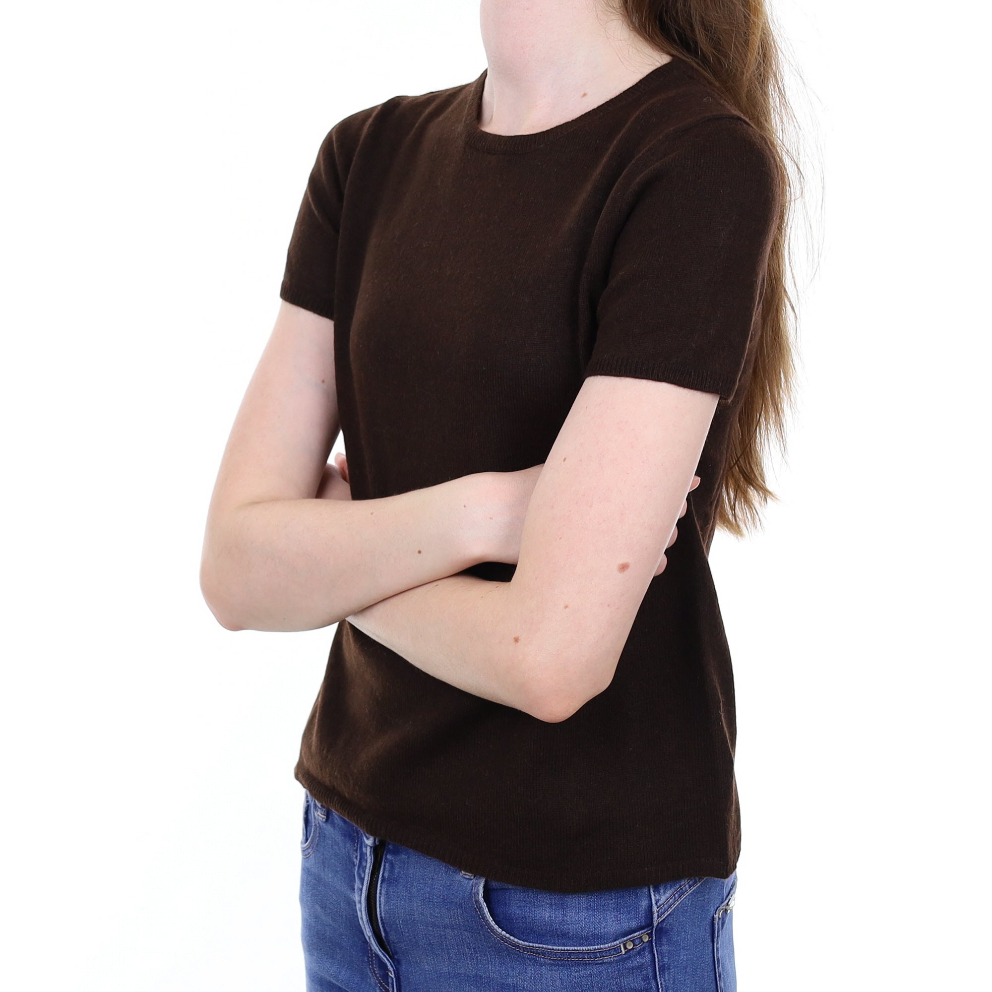 Dark Chocolate Brown Cashmere Short Sleeved Crew Neck Jumper Extra Small