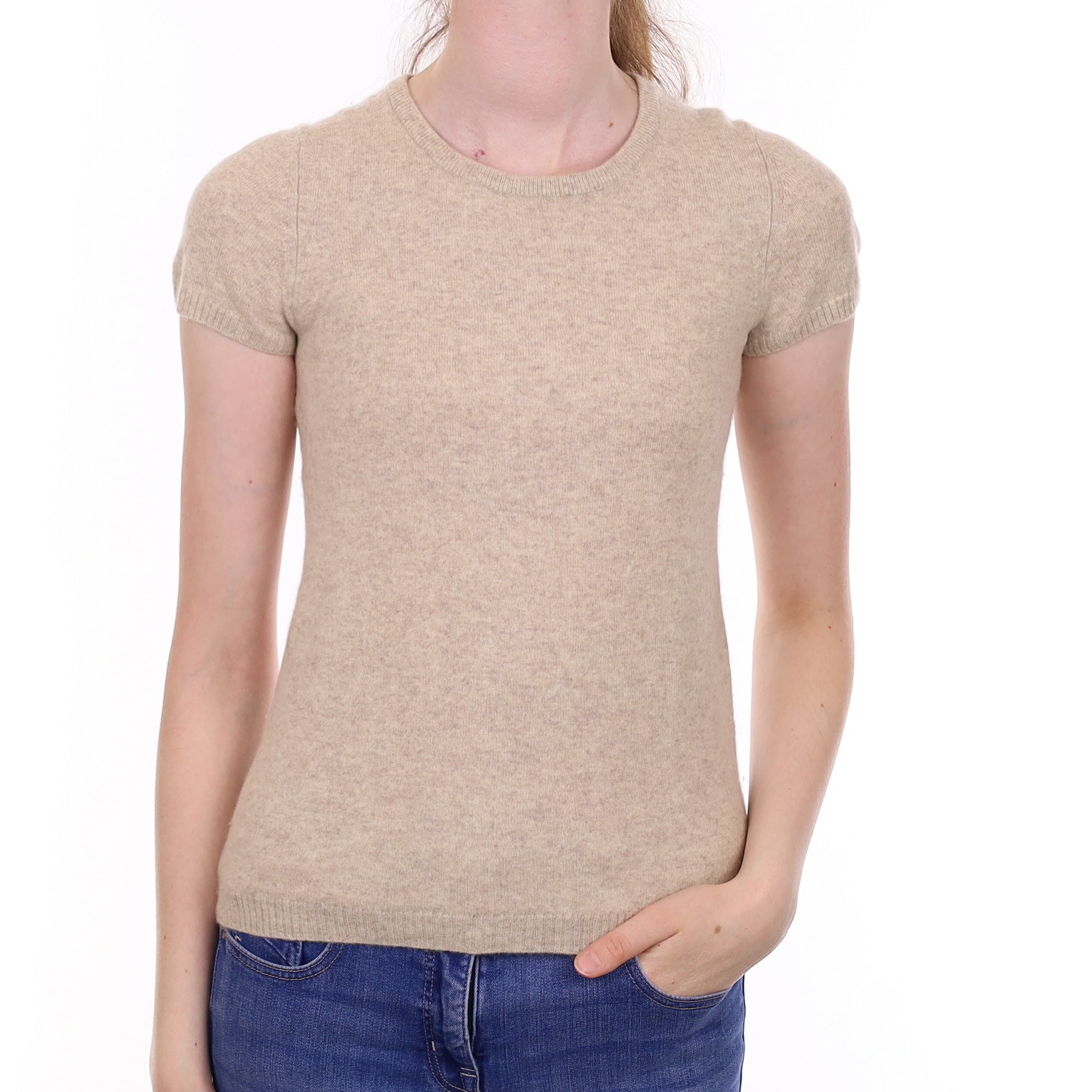 Oatmeal Cashmere Short Sleeved Crew Neck Jumper Extra Small
