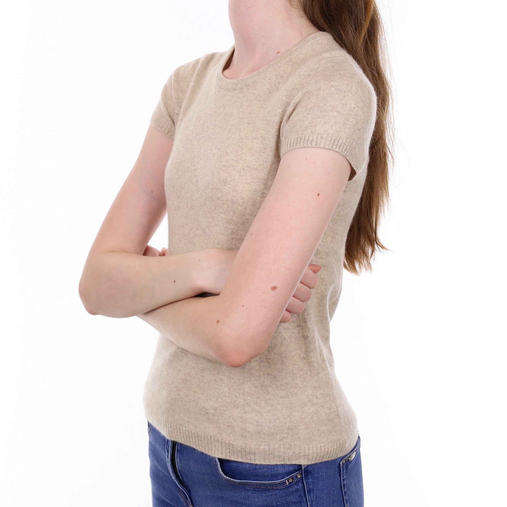 Oatmeal Cashmere Short Sleeved Crew Neck Jumper Extra Small