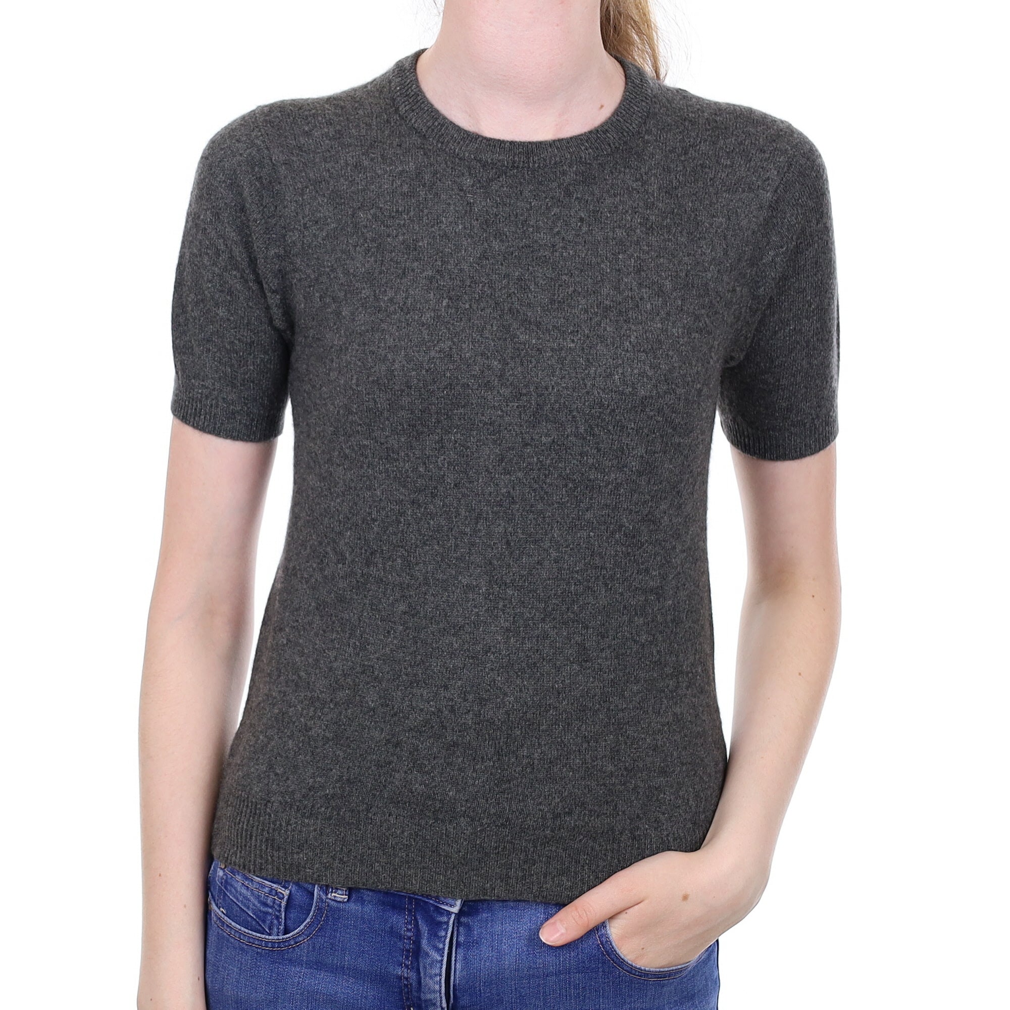 Slate Grey Cashmere Short Sleeved Crew Neck Jumper Extra Small