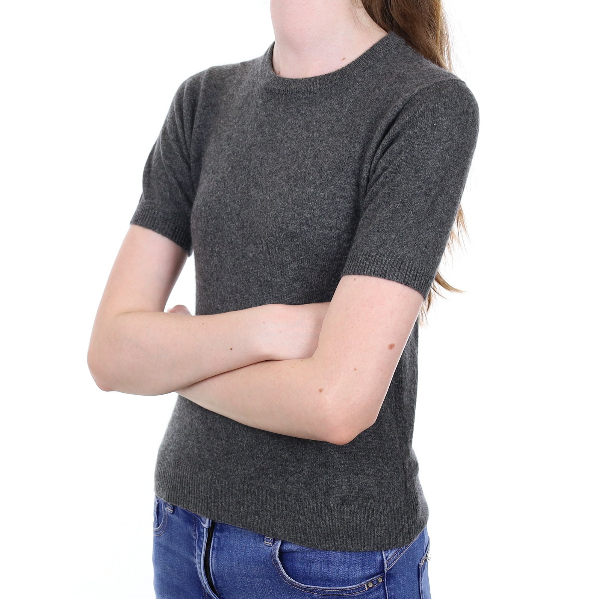 Slate Grey Cashmere Short Sleeved Crew Neck Jumper Extra Small