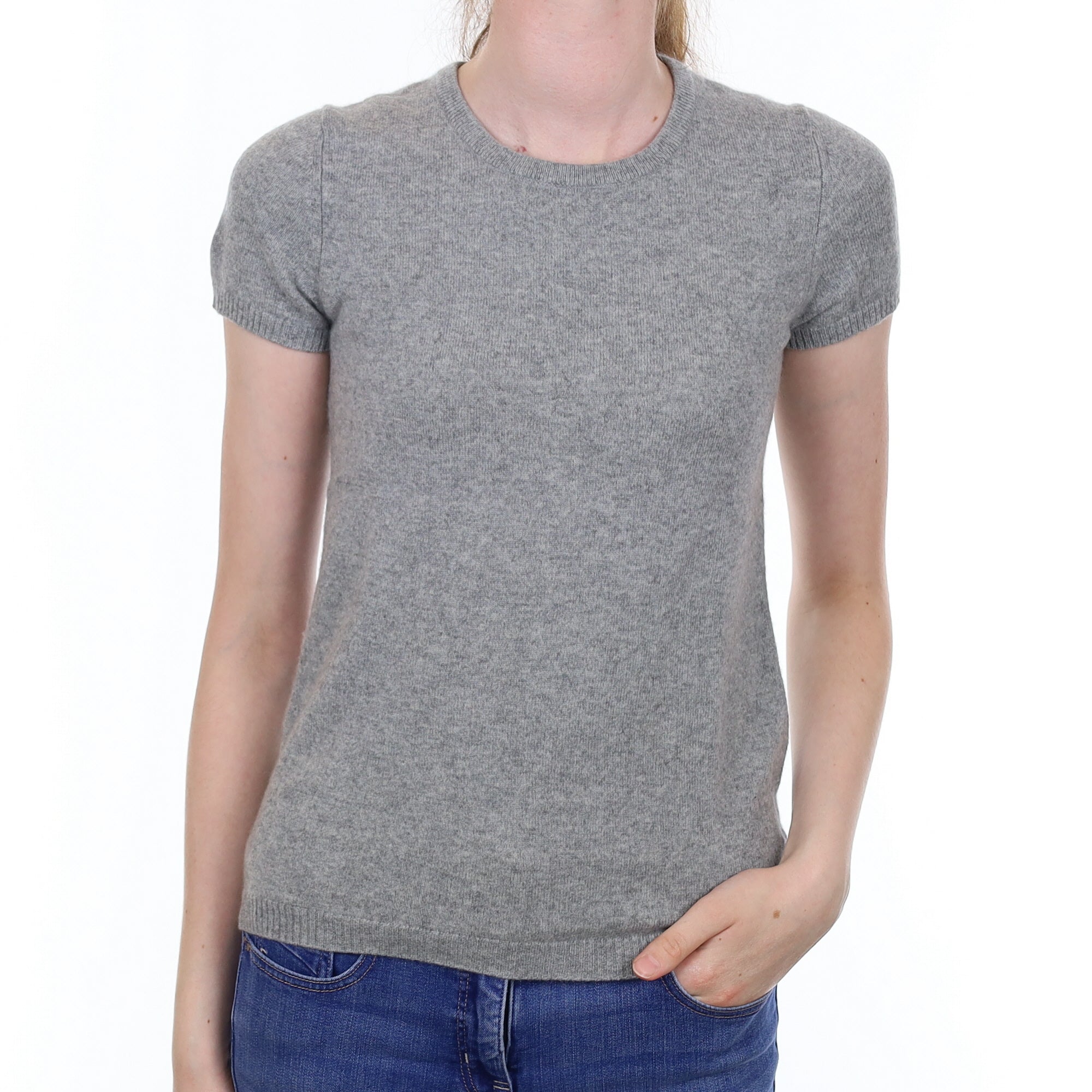 Smoke Grey Cashmere Short Sleeved Crew Neck Jumper Extra Small