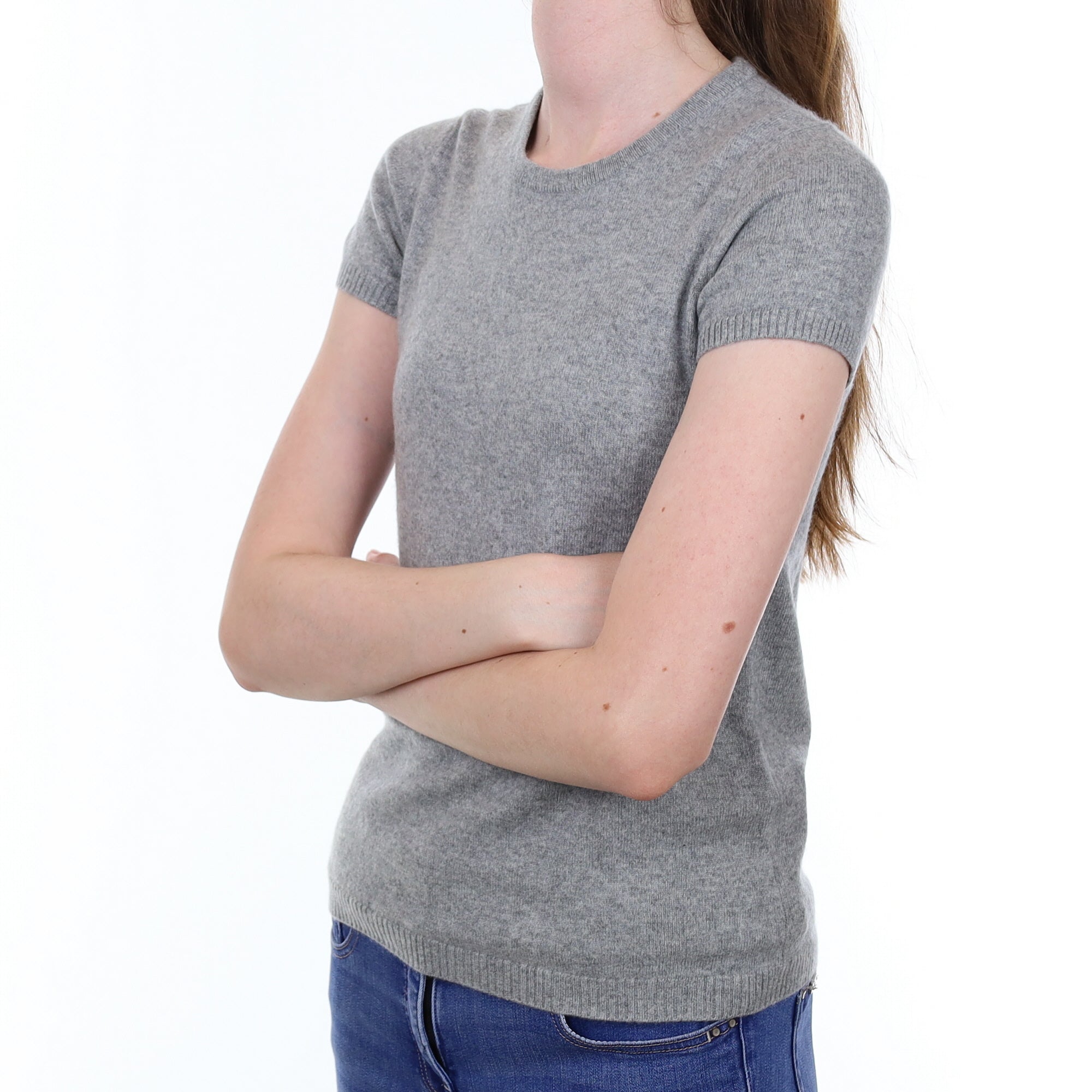 Smoke Grey Cashmere Short Sleeved Crew Neck Jumper Extra Small