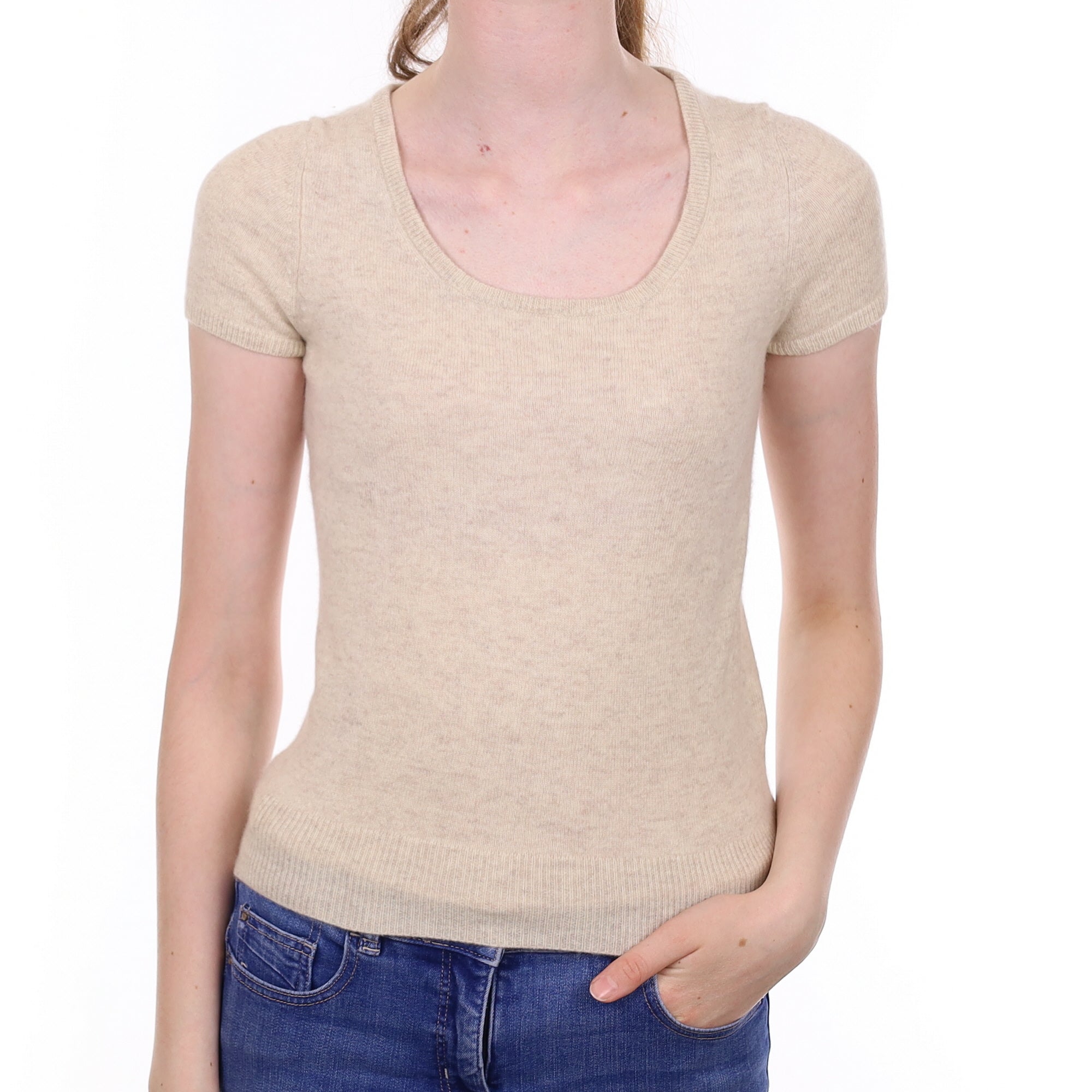 Oatmeal Cashmere Short Sleeved Crew Neck Jumper Extra Small