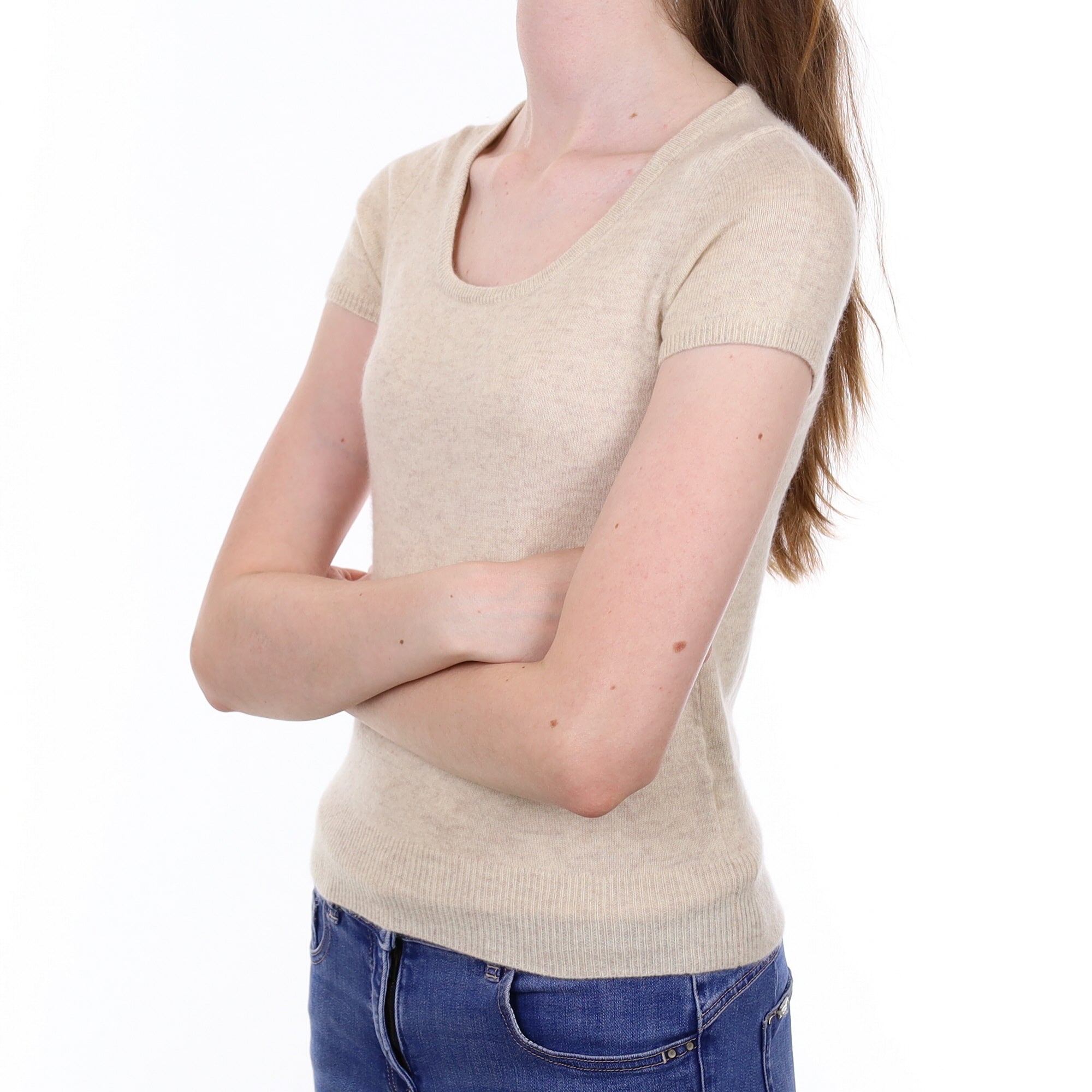 Oatmeal Cashmere Short Sleeved Crew Neck Jumper Extra Small