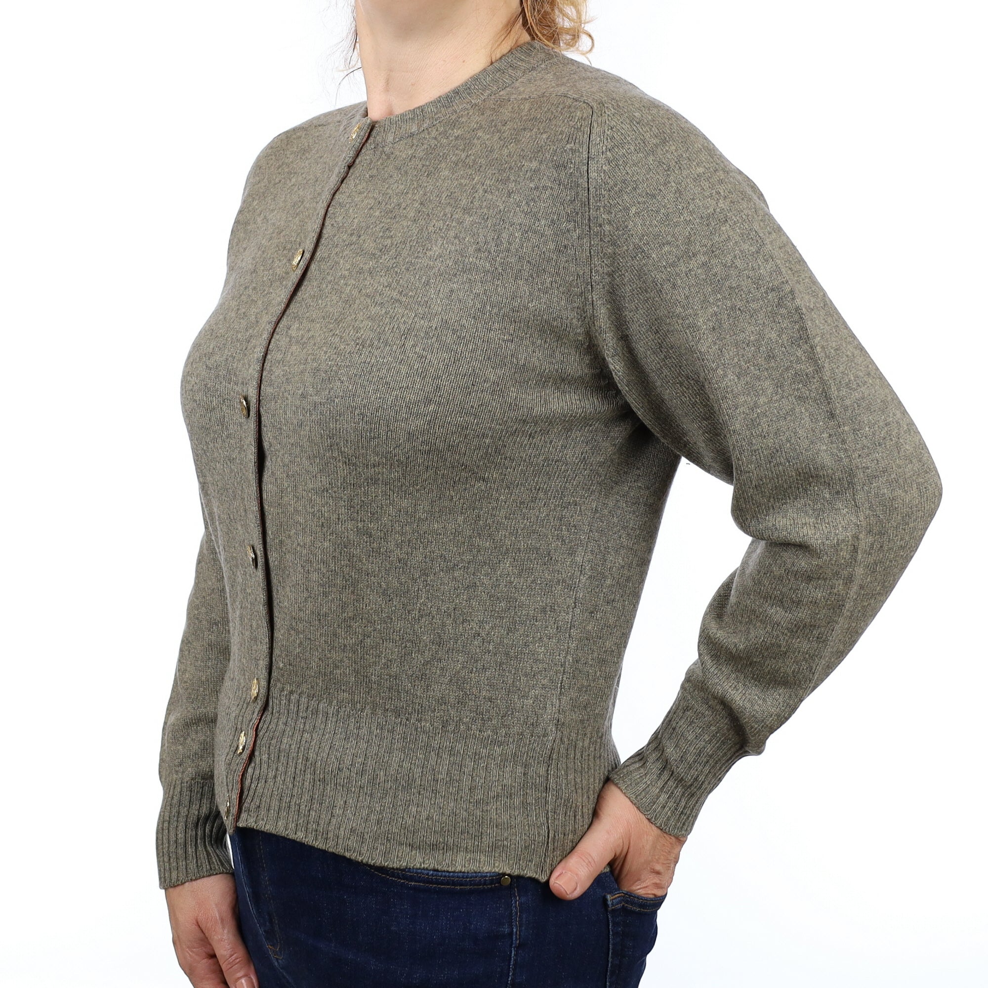 Scottish Khaki Marl Cashmere Crew Neck Cardigan Medium