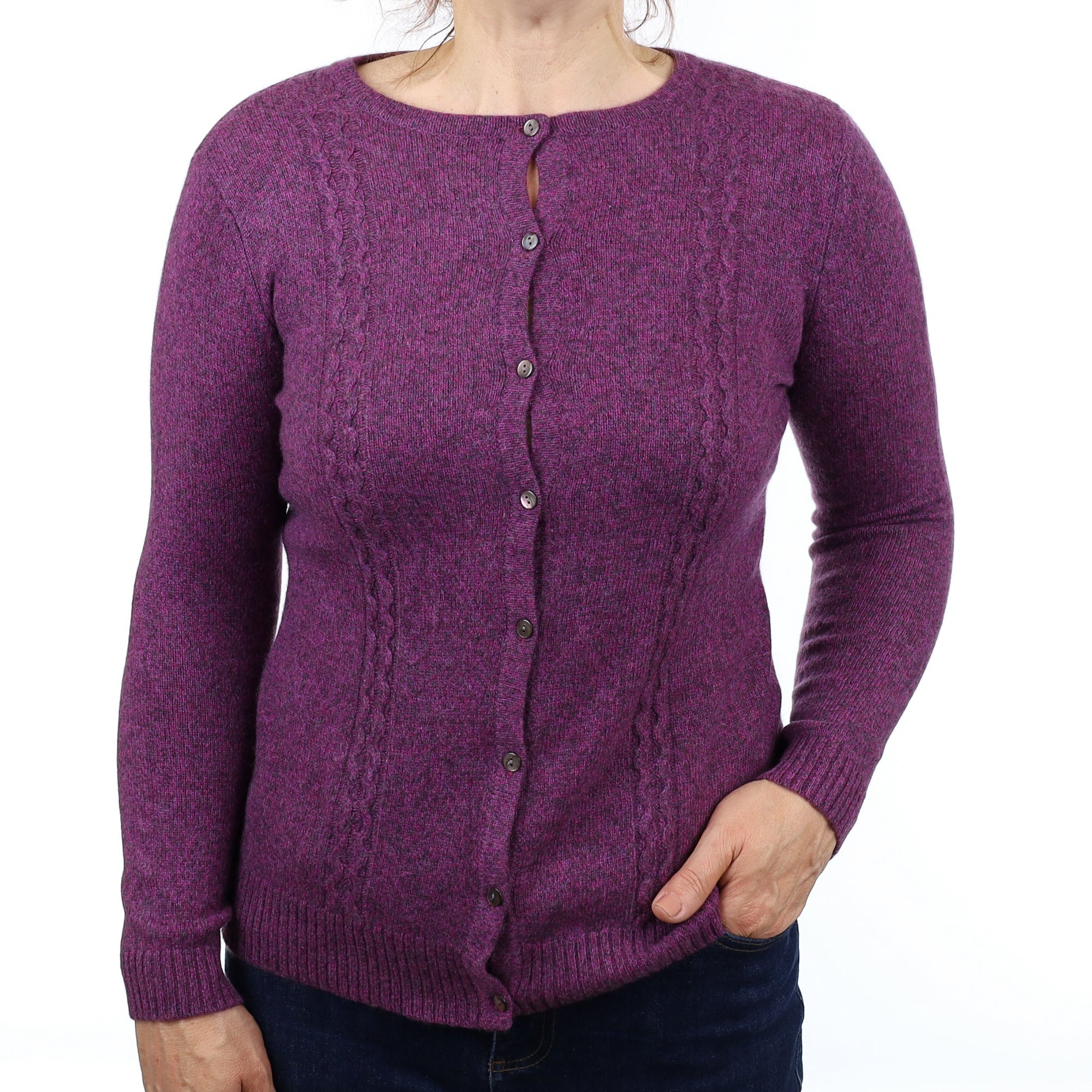 Purple Marl Heavy knit Cashmere Crew Neck Cardigan Medium