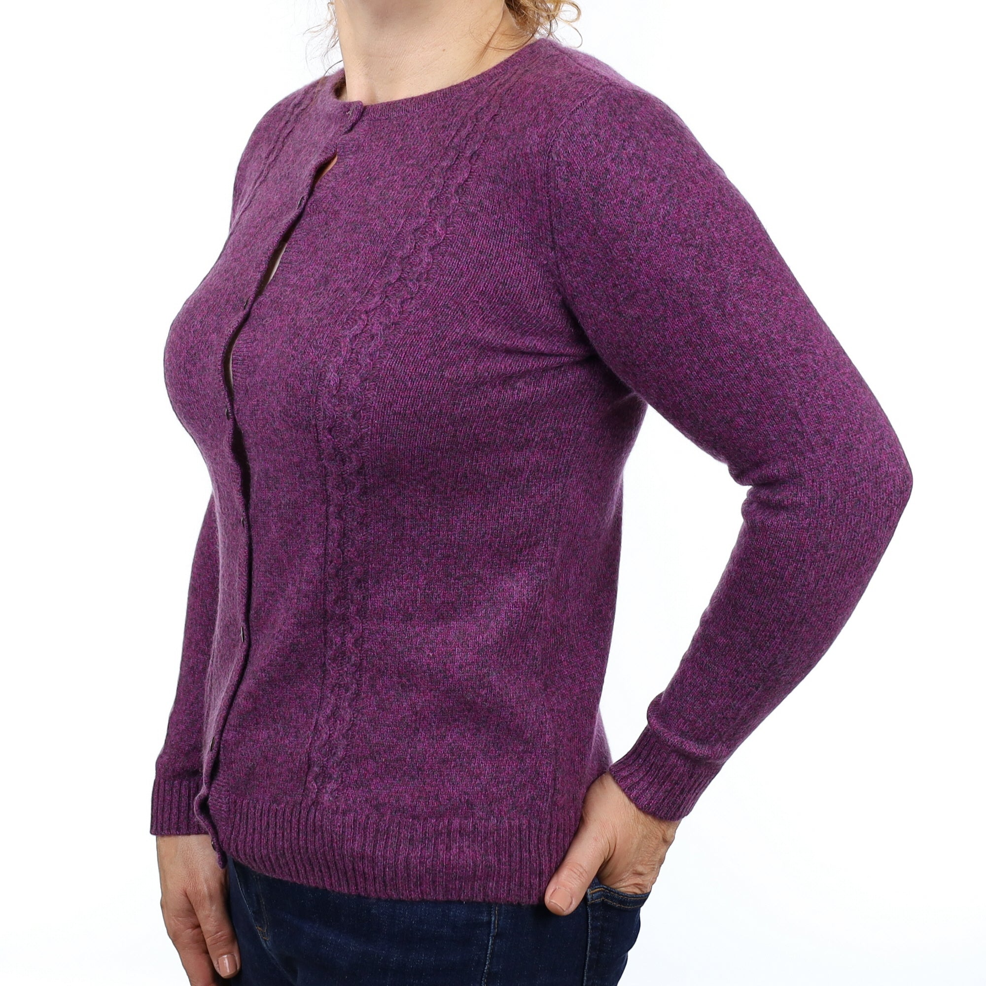 Purple Marl Heavy knit Cashmere Crew Neck Cardigan Medium