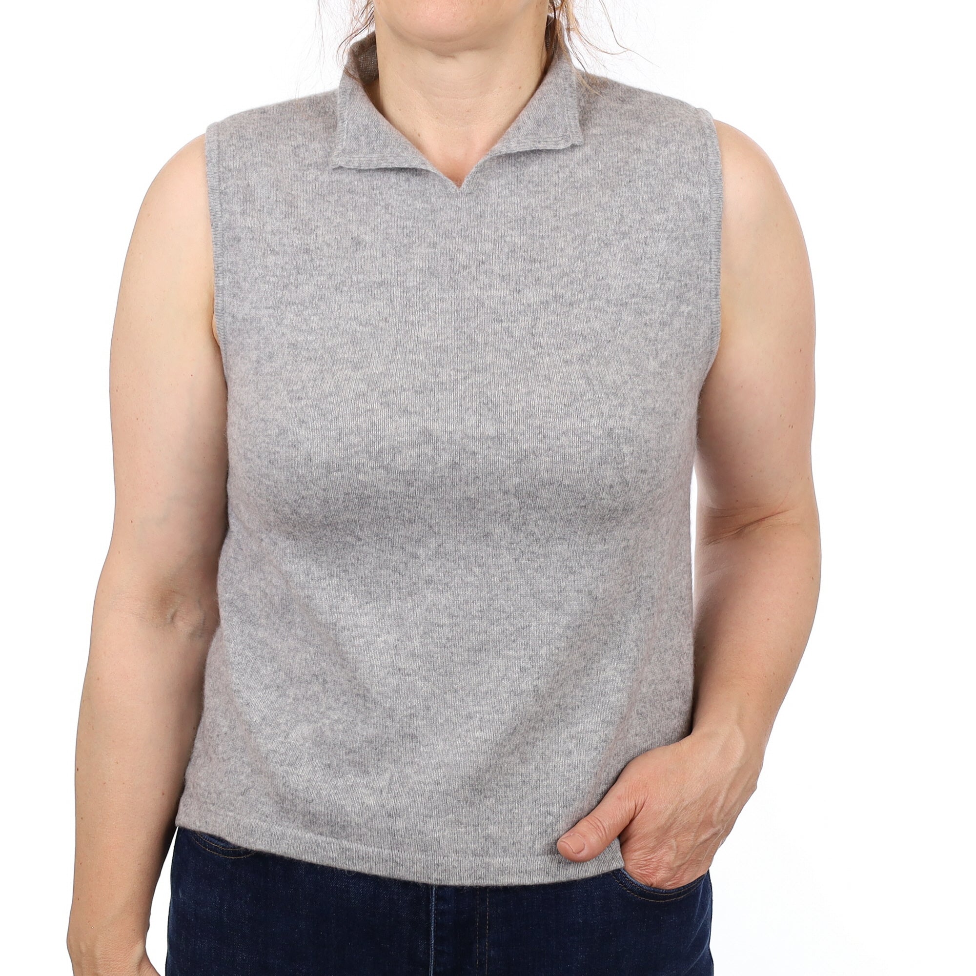 Smoke Grey Cashmere Sleeveless Notch Turtleneck Jumper Medium