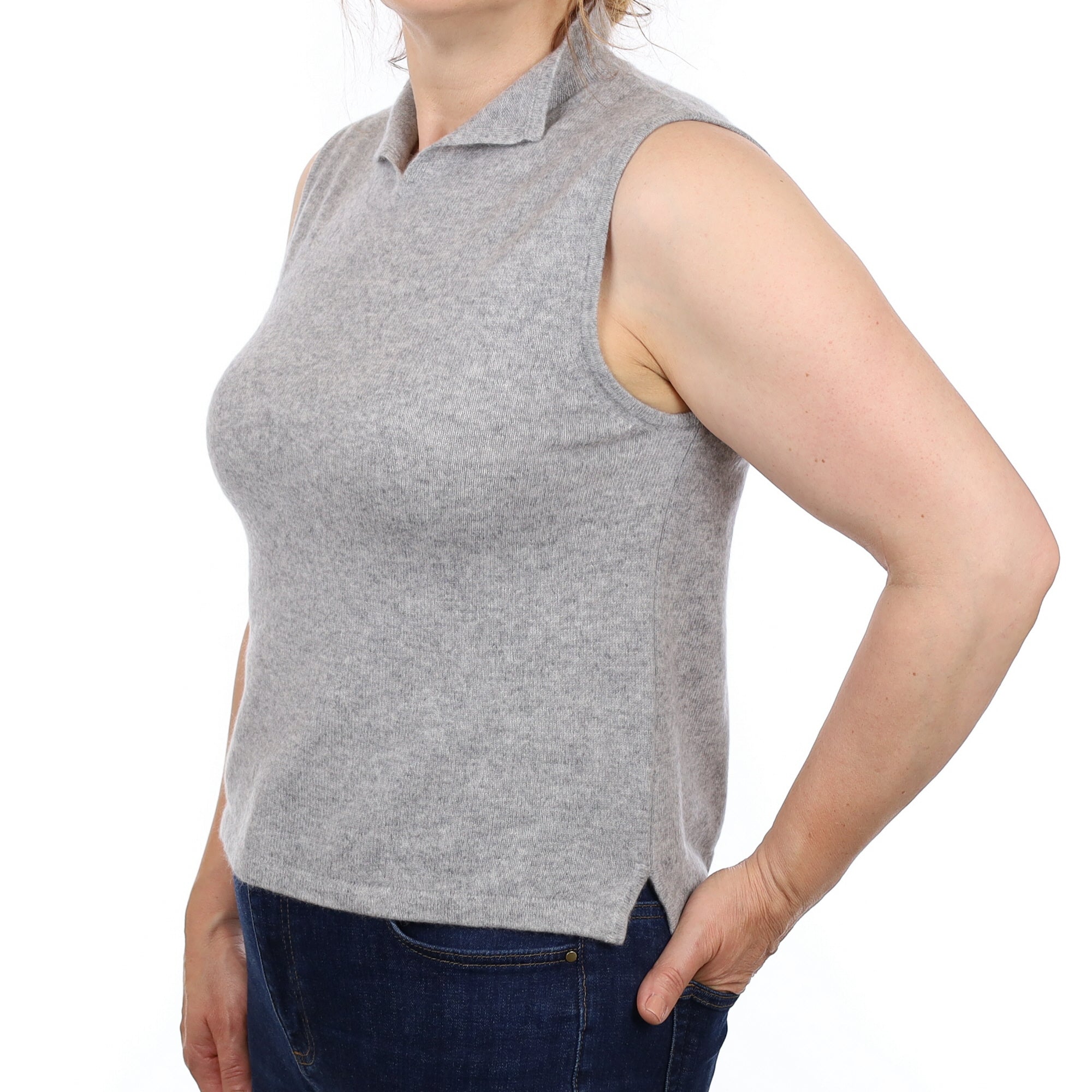 Smoke Grey Cashmere Sleeveless Notch Turtleneck Jumper Medium