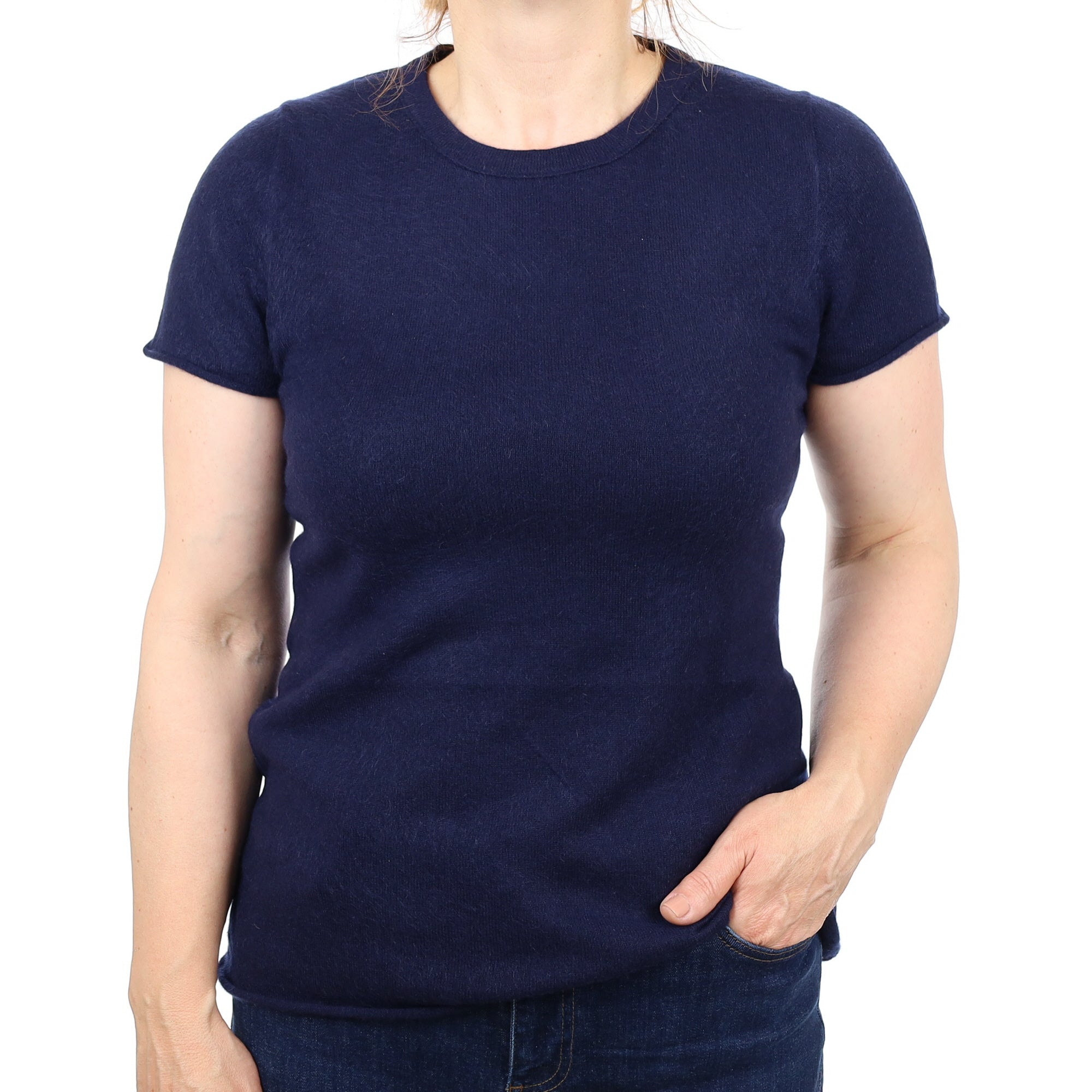 Navy Cashmere Short Sleeve Crew Neck Jumper Medium