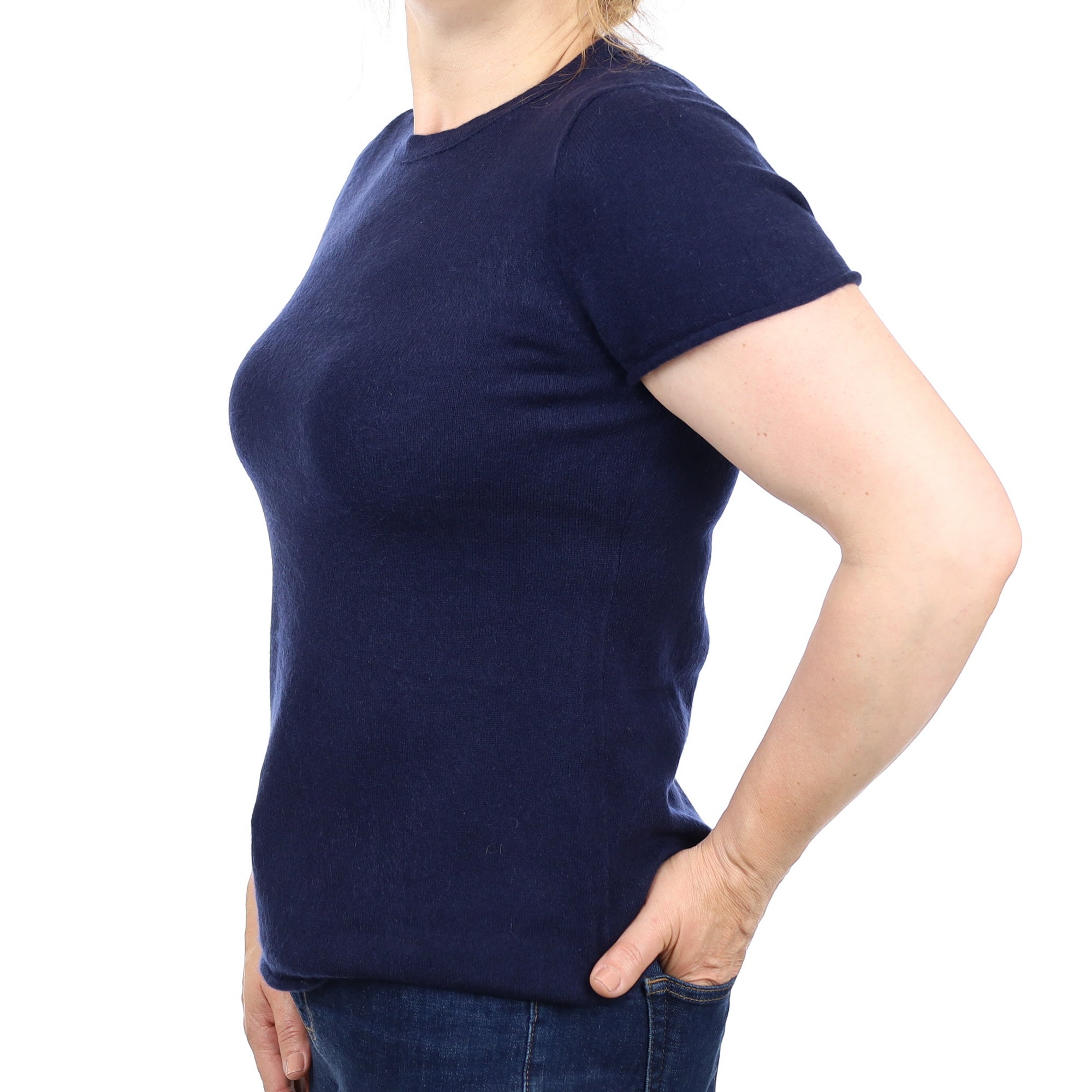 Navy Cashmere Short Sleeve Crew Neck Jumper Medium