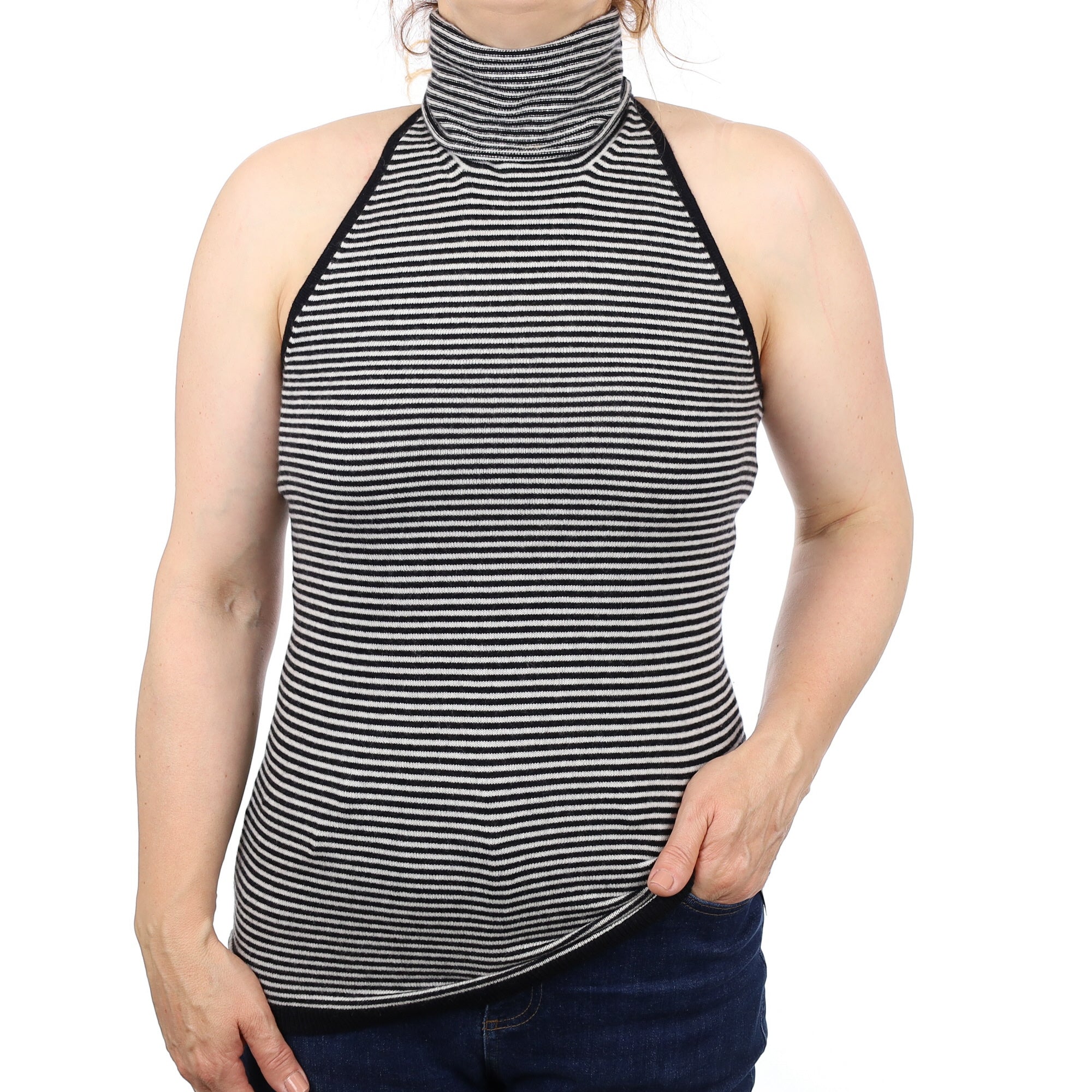 Ivory and Black Stripe Cashmere Sleeveless Polo Neck Jumper Medium