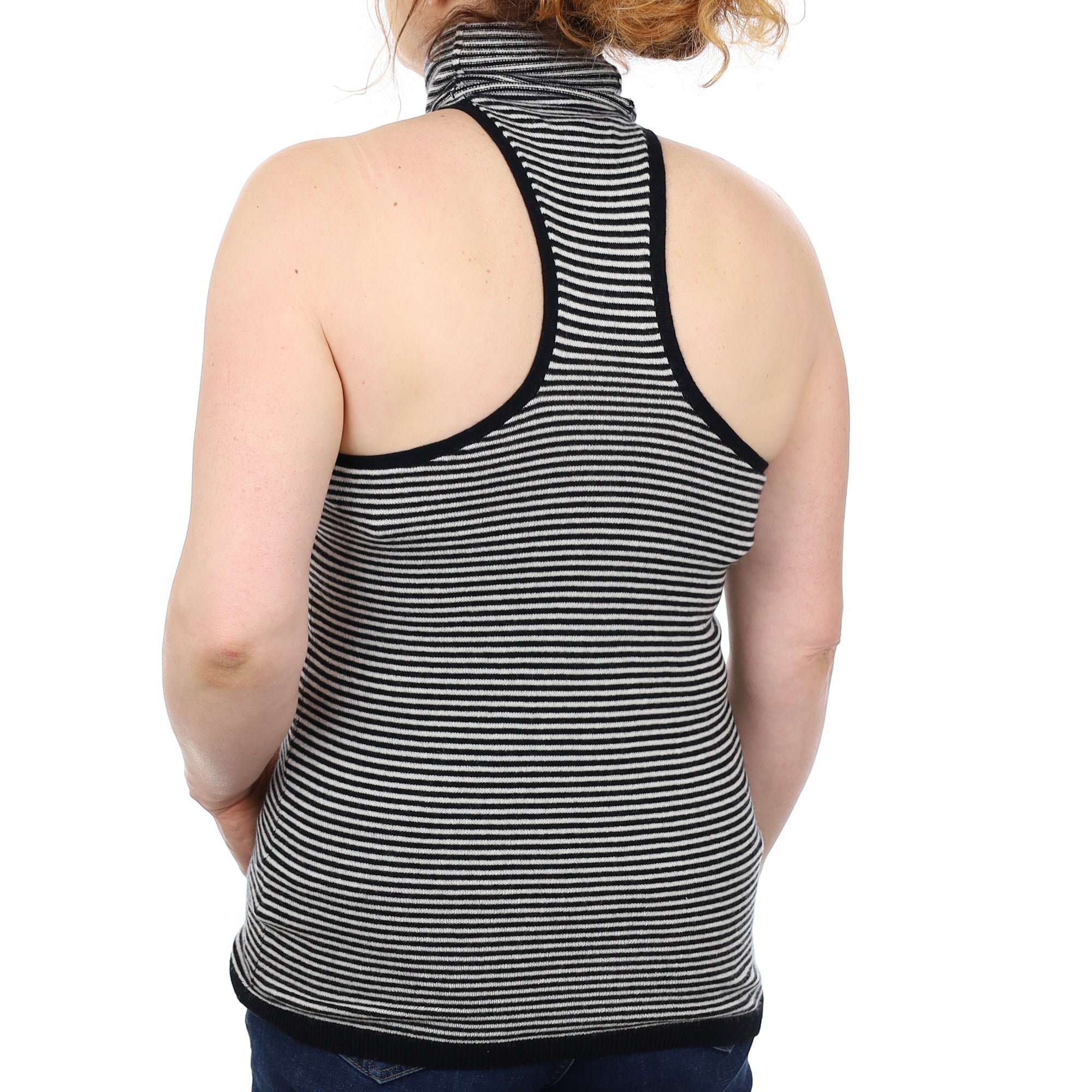 Ivory and Black Stripe Cashmere Sleeveless Polo Neck Jumper Medium