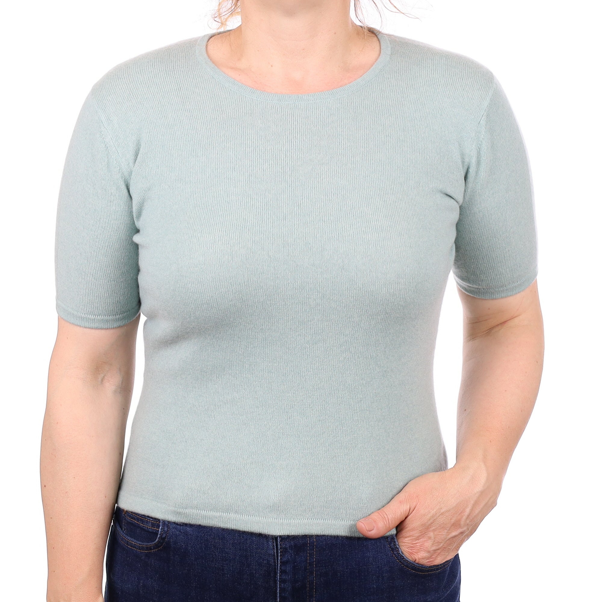 Mint Green Cashmere Short Sleeve Crew Neck Jumper Medium