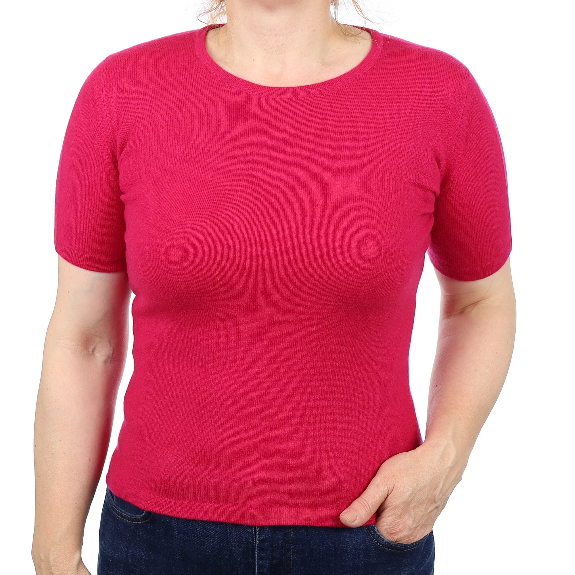 Scottish Cerise Pink Cashmere Short Sleeve Crew Neck Jumper Medium