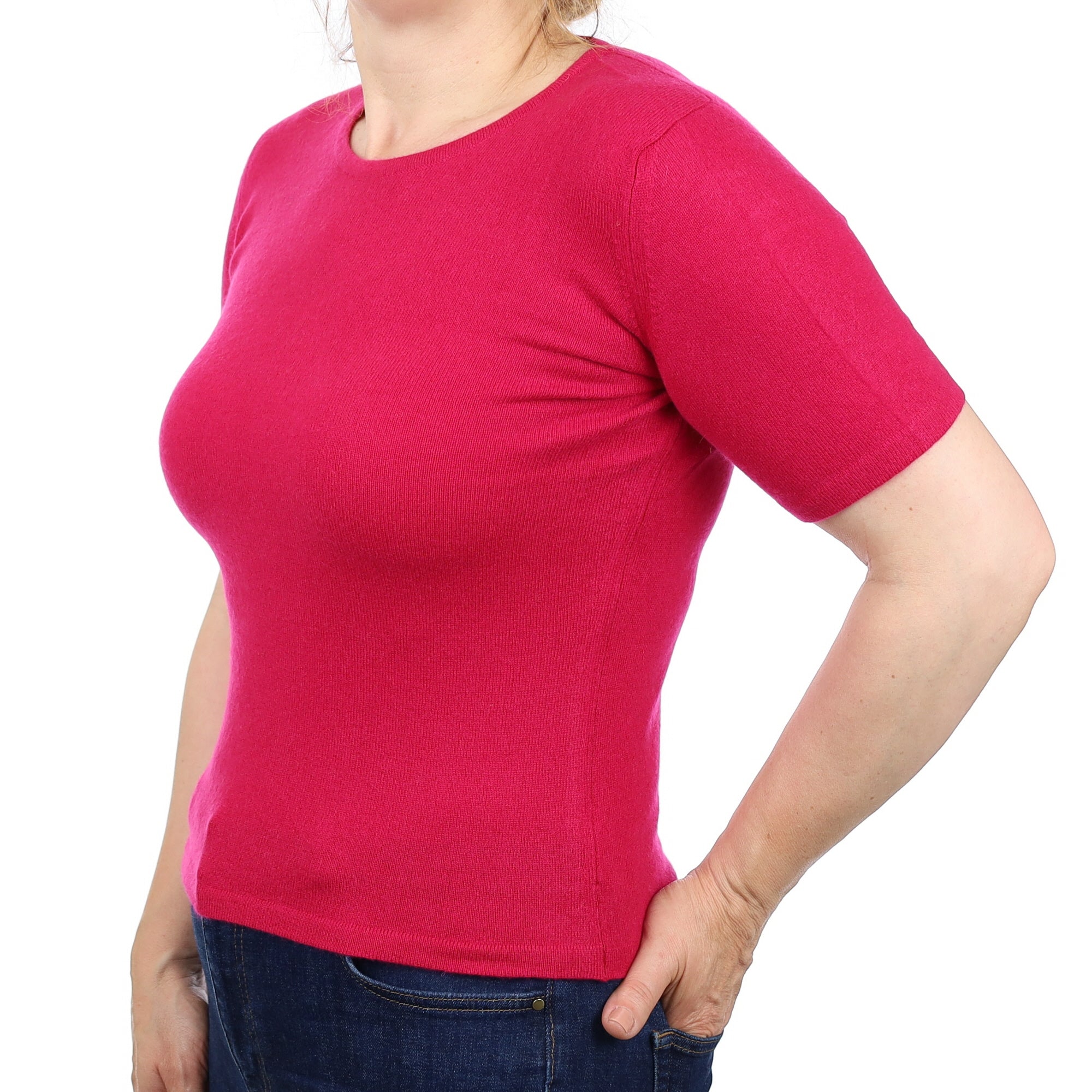 Scottish Cerise Pink Cashmere Short Sleeve Crew Neck Jumper Medium