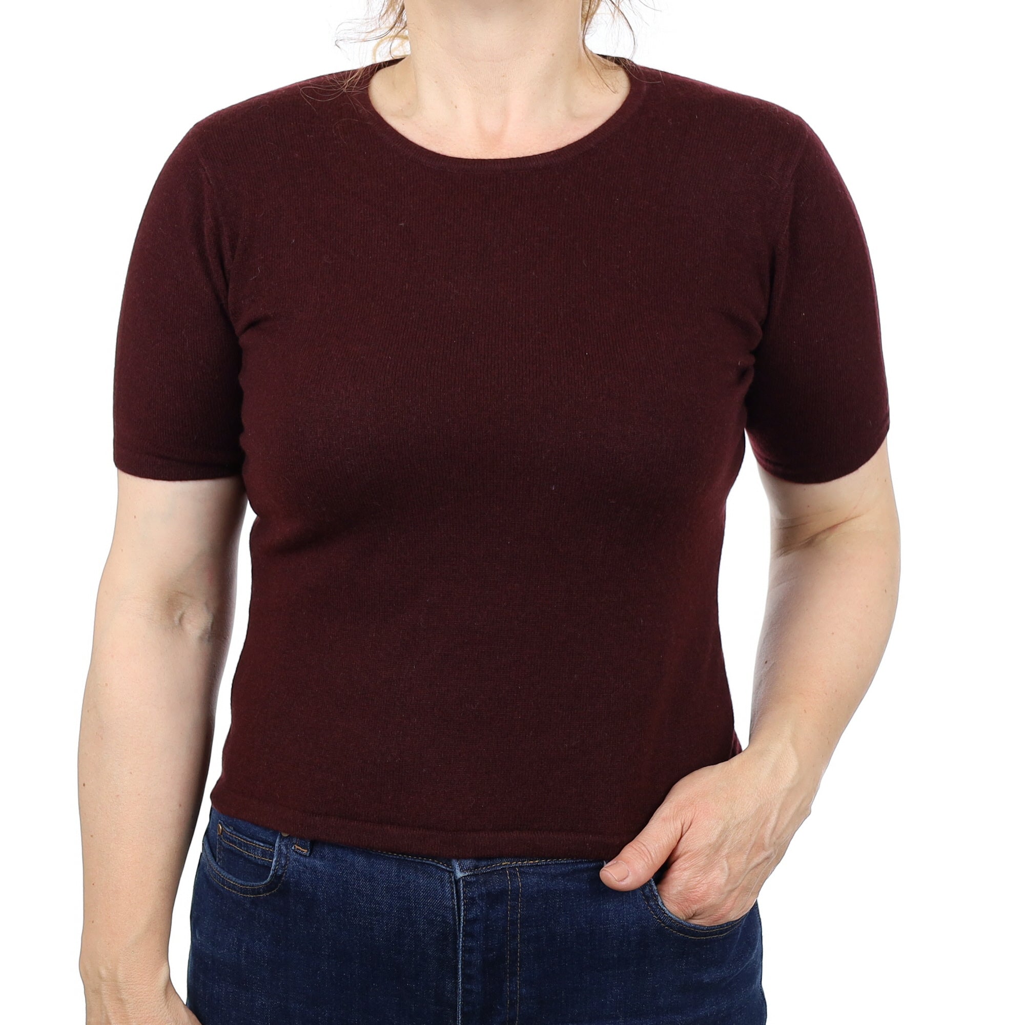 Port Red Cashmere Short Sleeve Crew Neck Jumper Medium
